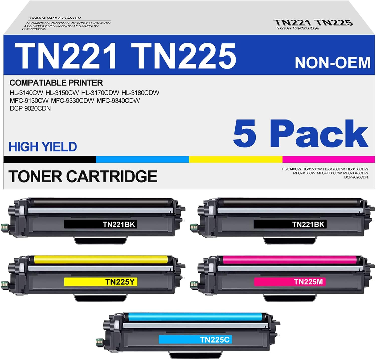 TN221 TN225 Toner Cartridge High Yield Replacement for Brother TN 221 TN 225 Com
