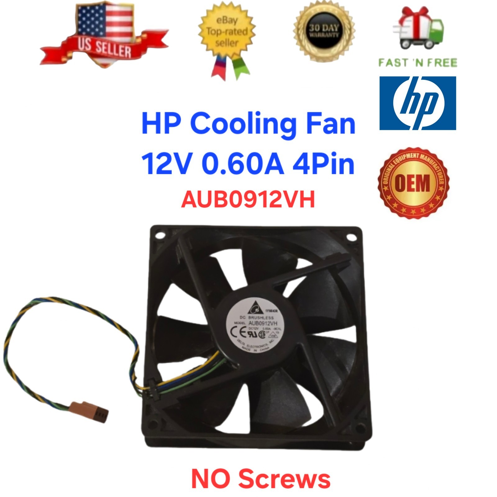 OEM HP DELTA Electronics AUB0912VH 92mm x 25mm HP Cooling Fan 12V 0.60A 4Pin