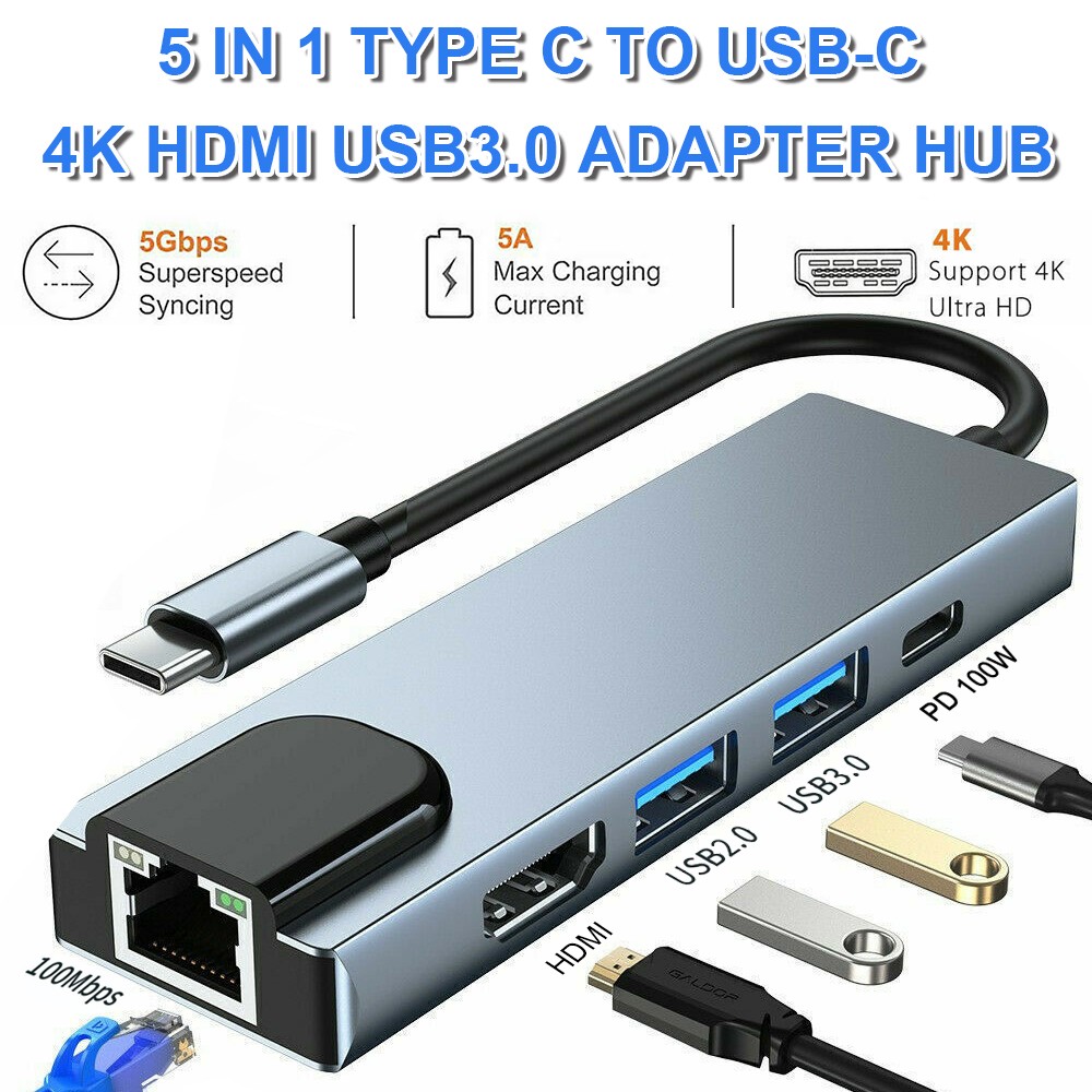 5 in 1 USB-C Hub Type C To USB 3.0 4K HDMI PD Adapter For iPhone Macbook Pro/Air