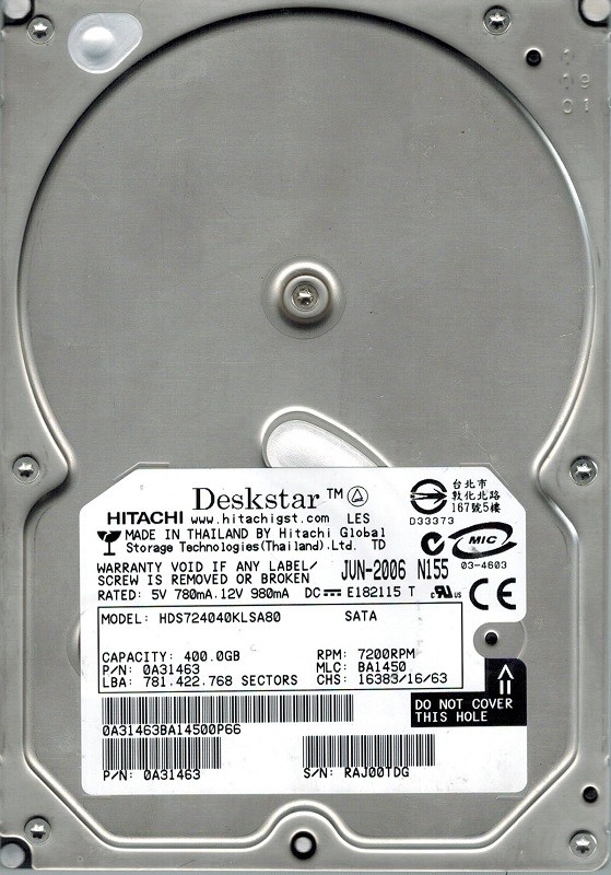 Hitachi HDS724040KLSA80 P/N: 0A31463 MLC: BA1450 400GB