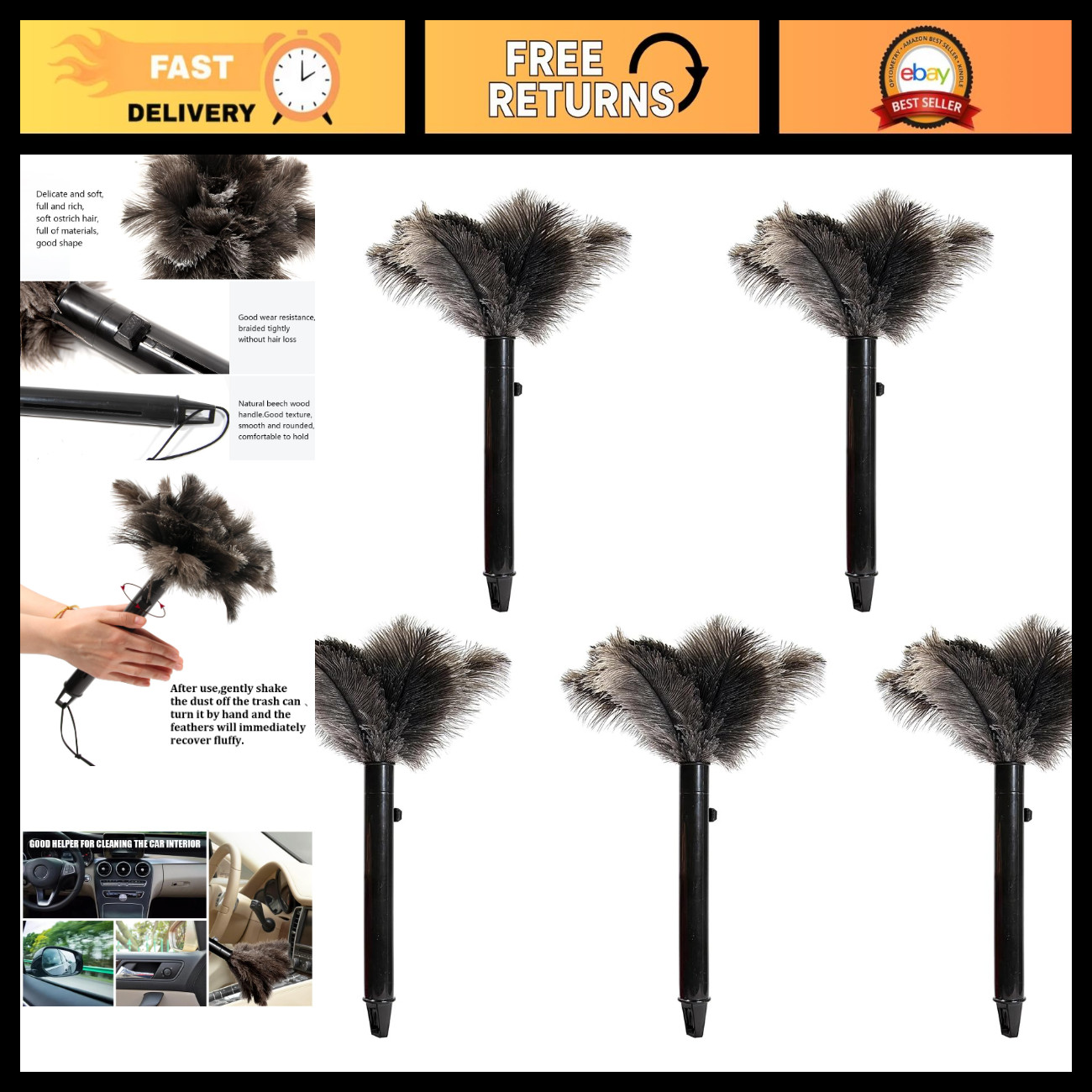 Retractable 15" Ostrich Feather Duster - Eco-Friendly Handheld Cleaning Tool (5P