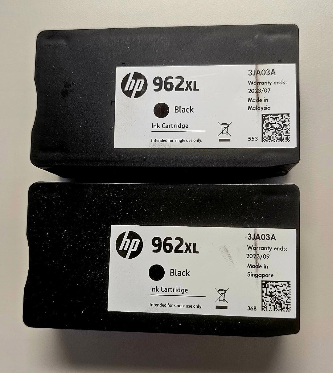 2 GENTLY used Genuine HP 962XL Black Ink Cartridges, my HP Printer Broke