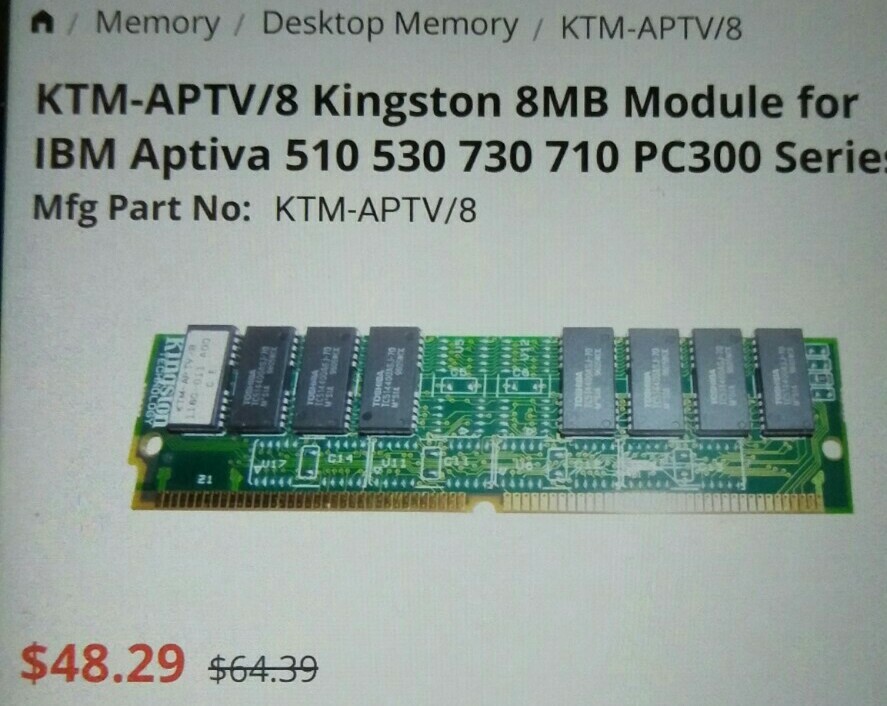 4x IBM APTIVA genuine Kingston KTM-APTV/8 60ns SIMMs EDO. Non parity.
