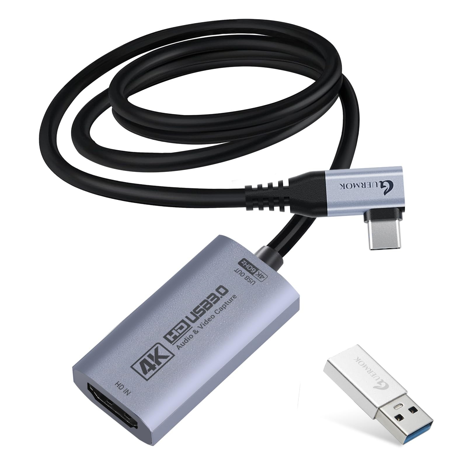 4K60FPS Video Capture Card, 90° USBC Cable, 3.3ft USB 3.0 Capture