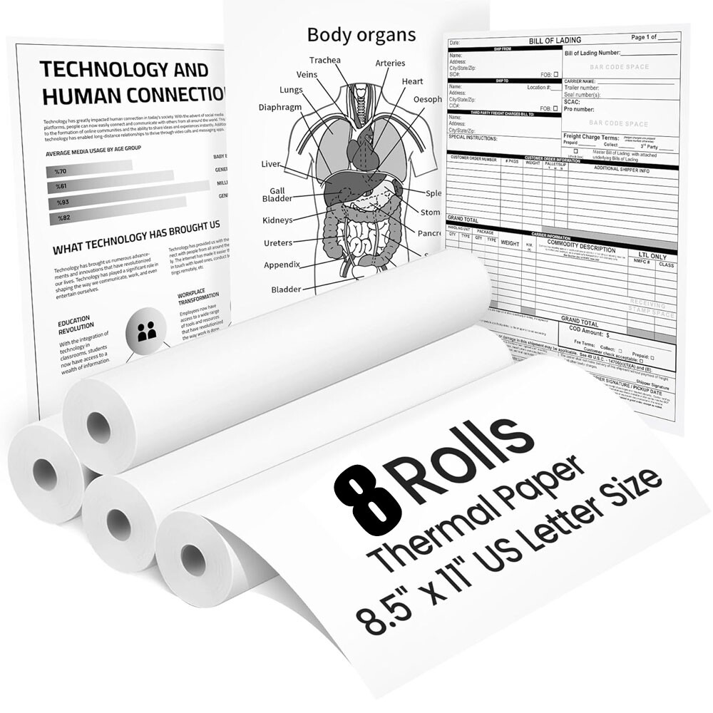 8 Rolls A4 Thermal Printer Paper 8.5x11"  for M08F M832 M834 Portable Printer US