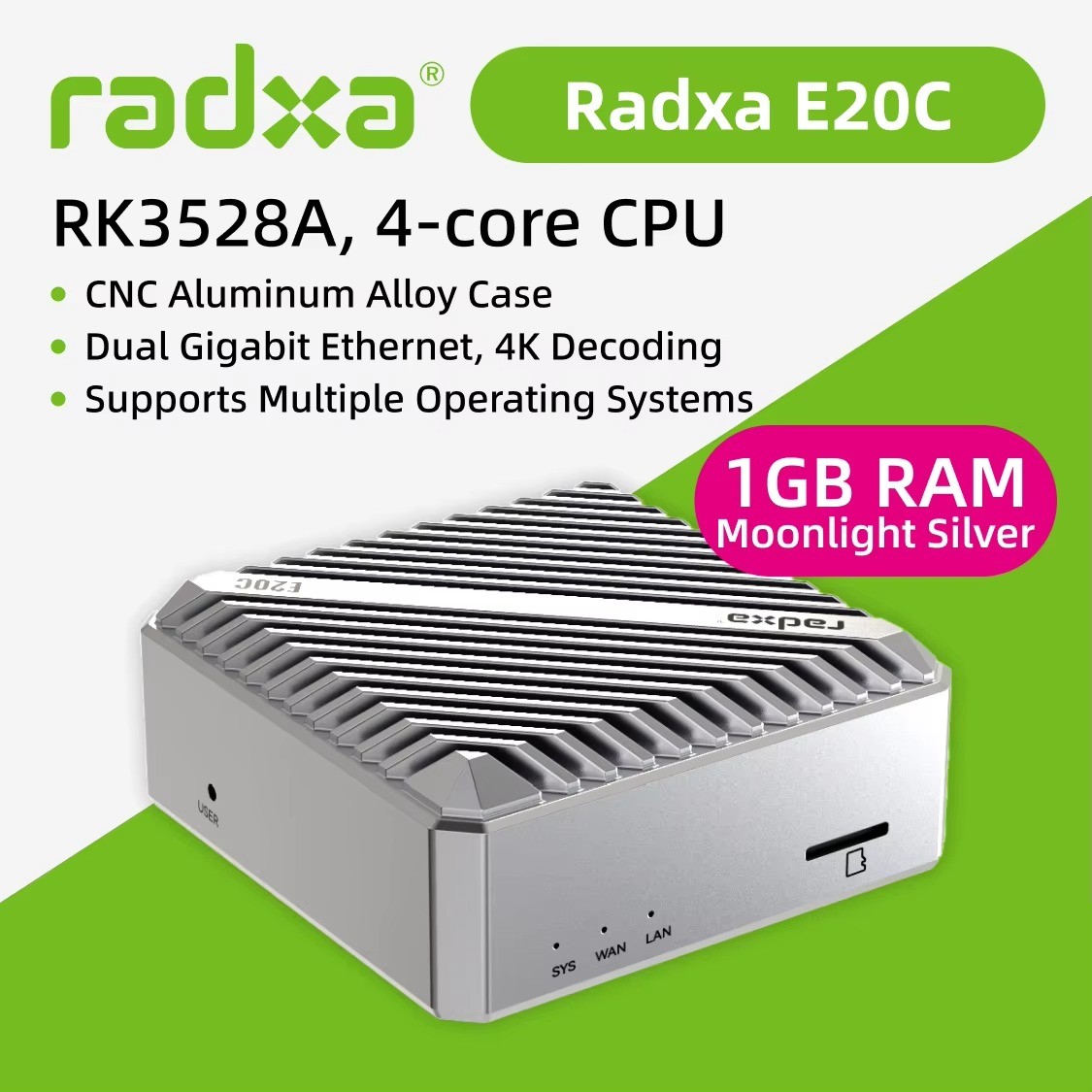 Radxa E20C RK3528A Quad-Core SBC Dual Gigabit Ethernet 4K Decode Mini PC