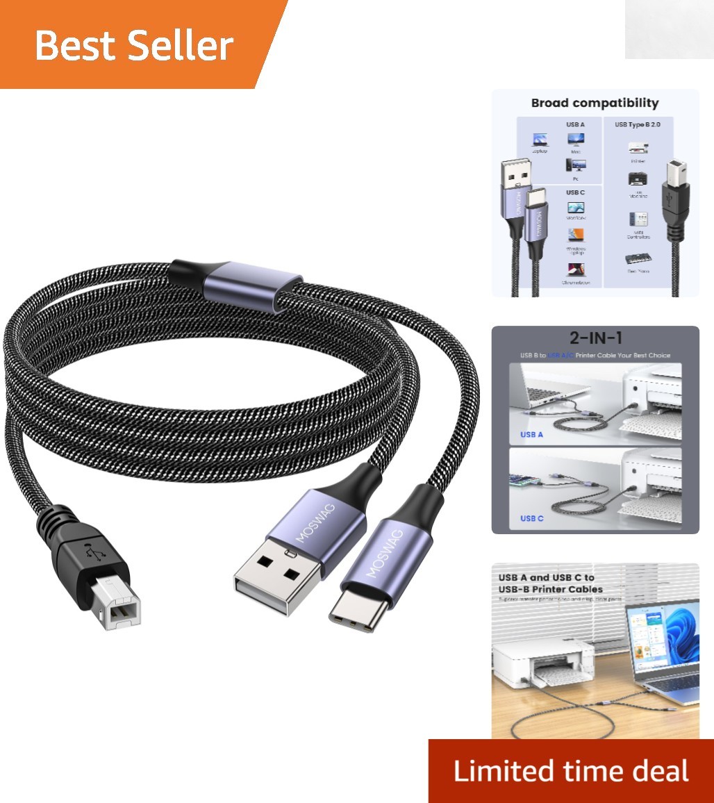 Versatile 2in1 USB C to B Cable 5Feet - Heat Resistant & Easy to Connect Devices