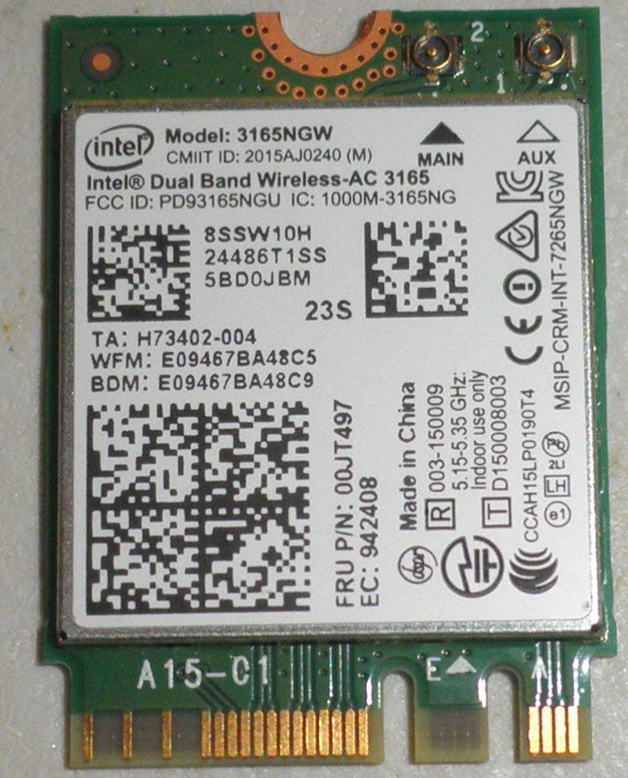 New Lenovo OEM 8SSW10H Intel Dual Band Wireless-AC 3165 3165NGW BT NGFF 00JT497 