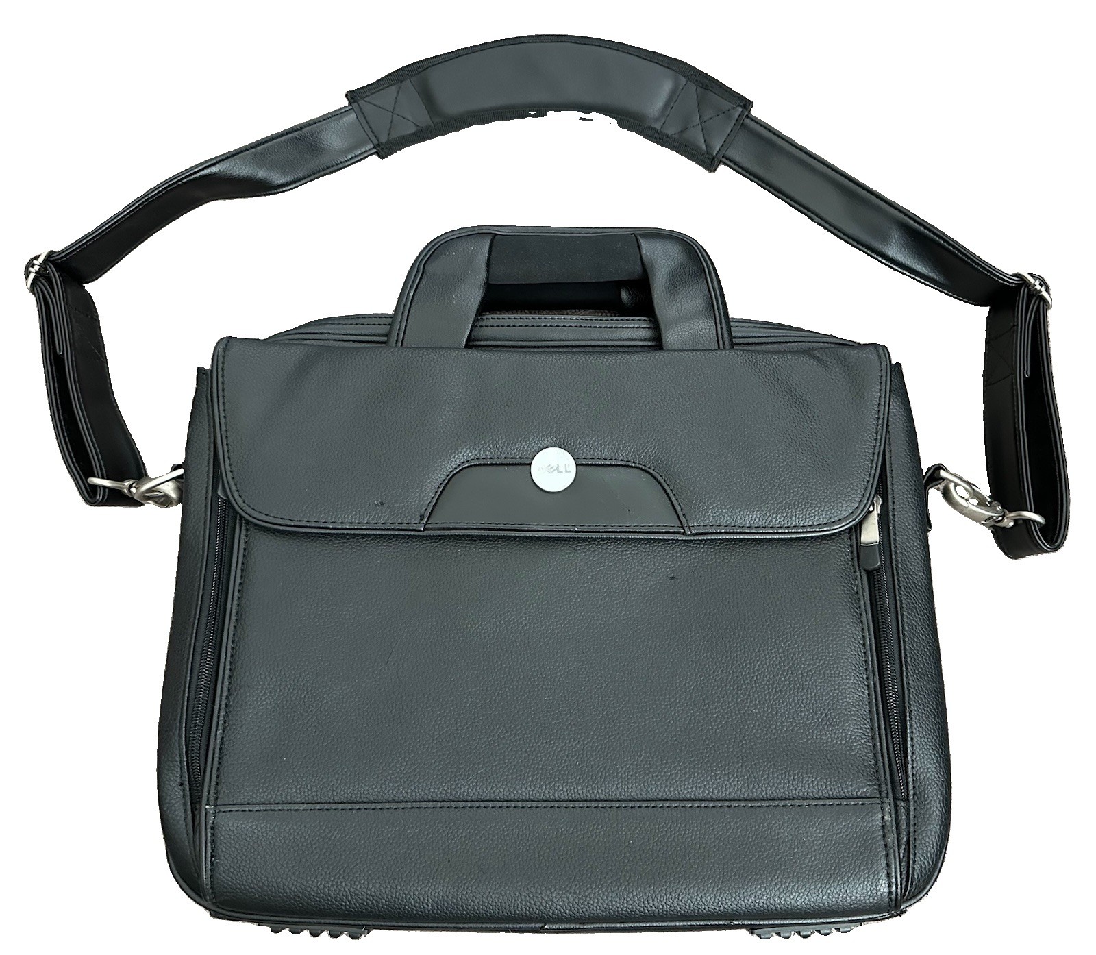 Dell Black Leather Laptop Briefcase Messenger Bag Black Shoulder Strap Business