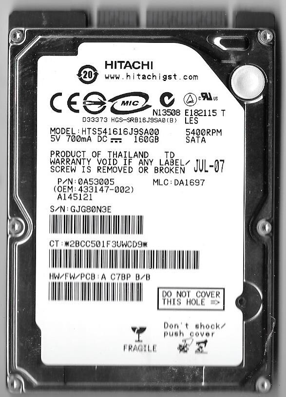 Hitachi HTS541616J9SA00 160GB Sata Hard Drive P/N: 0A53005 MLC: DA1697