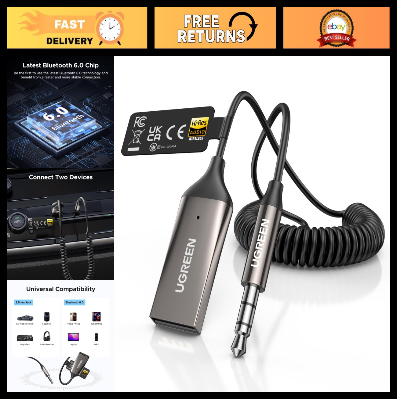 Bluetooth 6.0 Car Adapter with LDAC, 3.5mm Aux, Built-in Mic, Hands-Free Calls