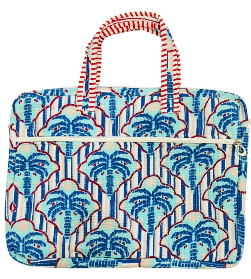 Traditional Blue Tropical Palm Handblock Printed Cotton Quilted Laptop Sleeves