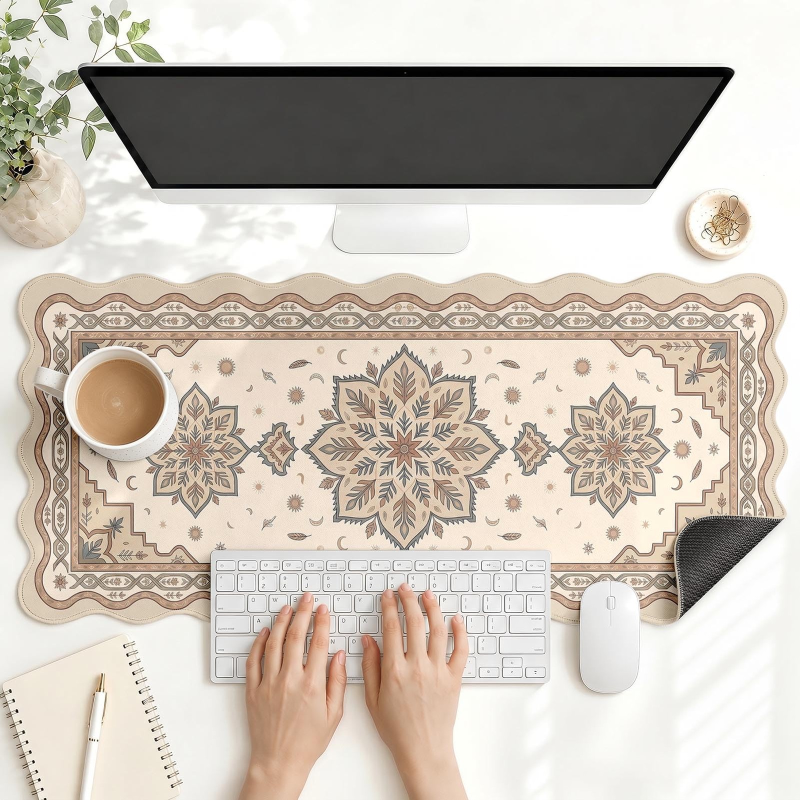 Cosovia Scalloped Gaming Mouse Pad Desk Mat, Boho Mandala, 35.4"x15.7" | No S...