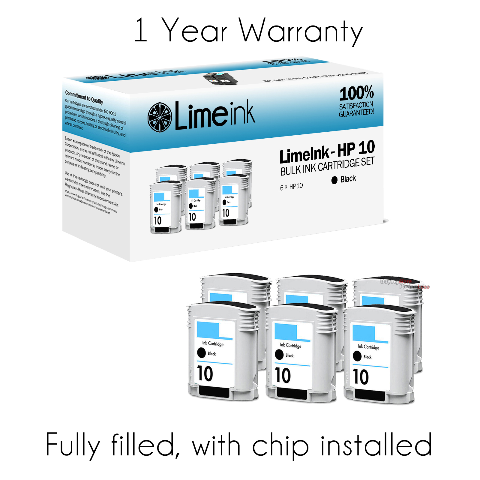 6 pk Black Ink Cartridges for HP #10 C4844A Business Inkjet 1200 Designjet 500