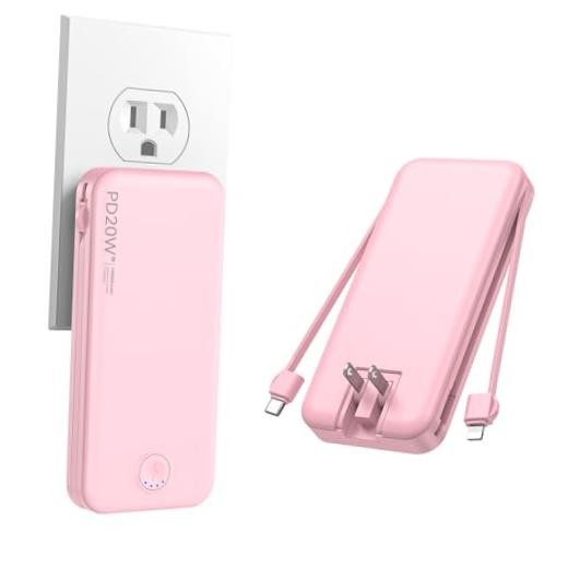 Portable Charger 10000mAh PD20W w/Built-in Cables & Pink 10000 Milliamp Hours
