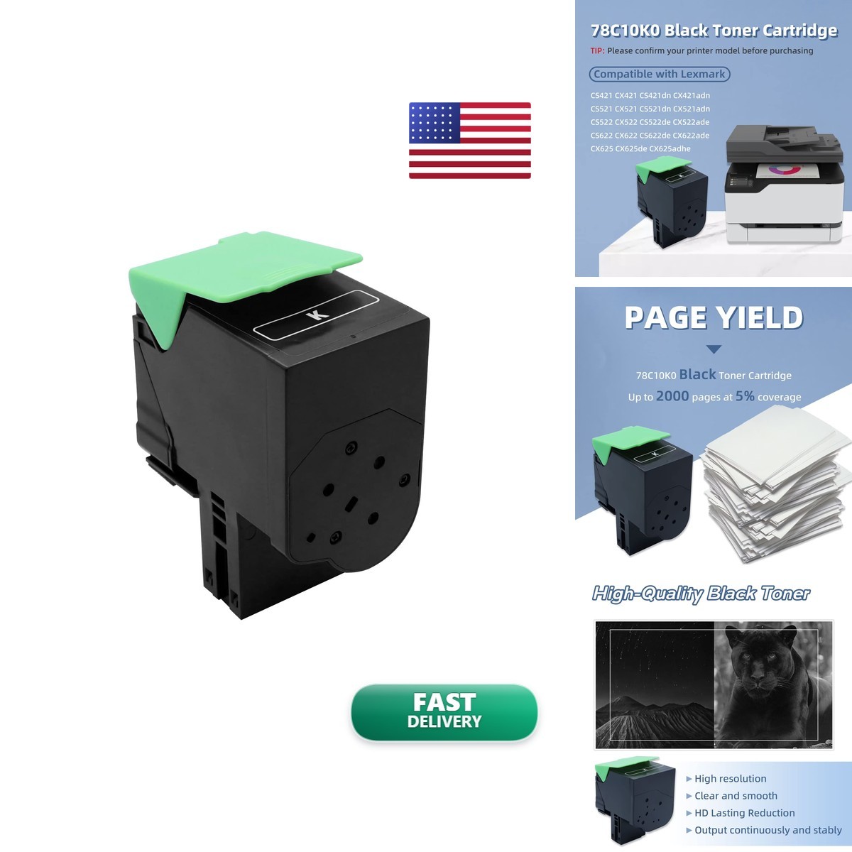 78C10K0 Black Toner Cartridge Compatible with Lexmark CS421 CS521 CS522 CS622