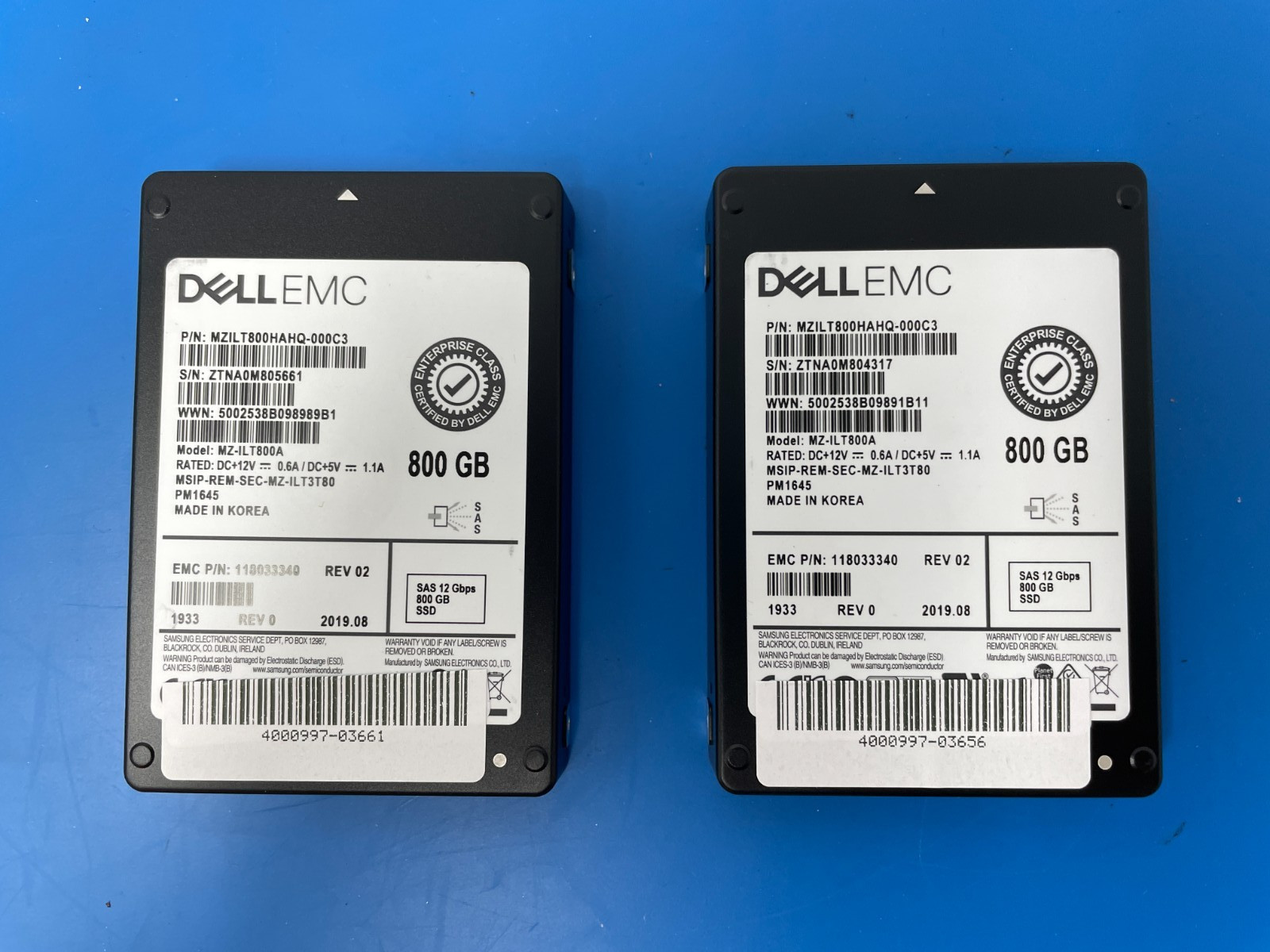 Lot: 2 Samsung PM1645 800GB SSDs, 12Gb/s 2.5" Dell EMC Enterprise MZ-ILT800A