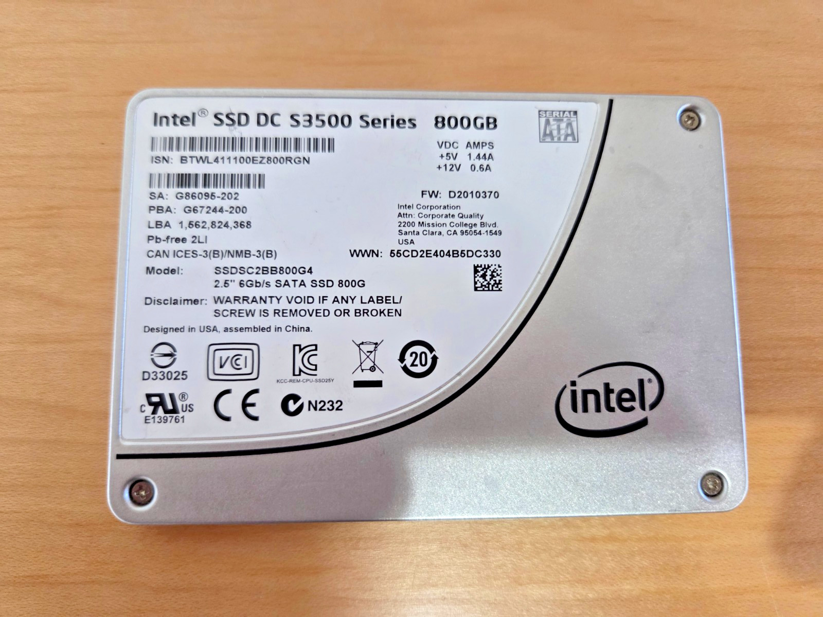 Intel 800GB SSD DC S3500 Solid State Drive 2.5" SATA SSDSC2BB800G4 96% Health