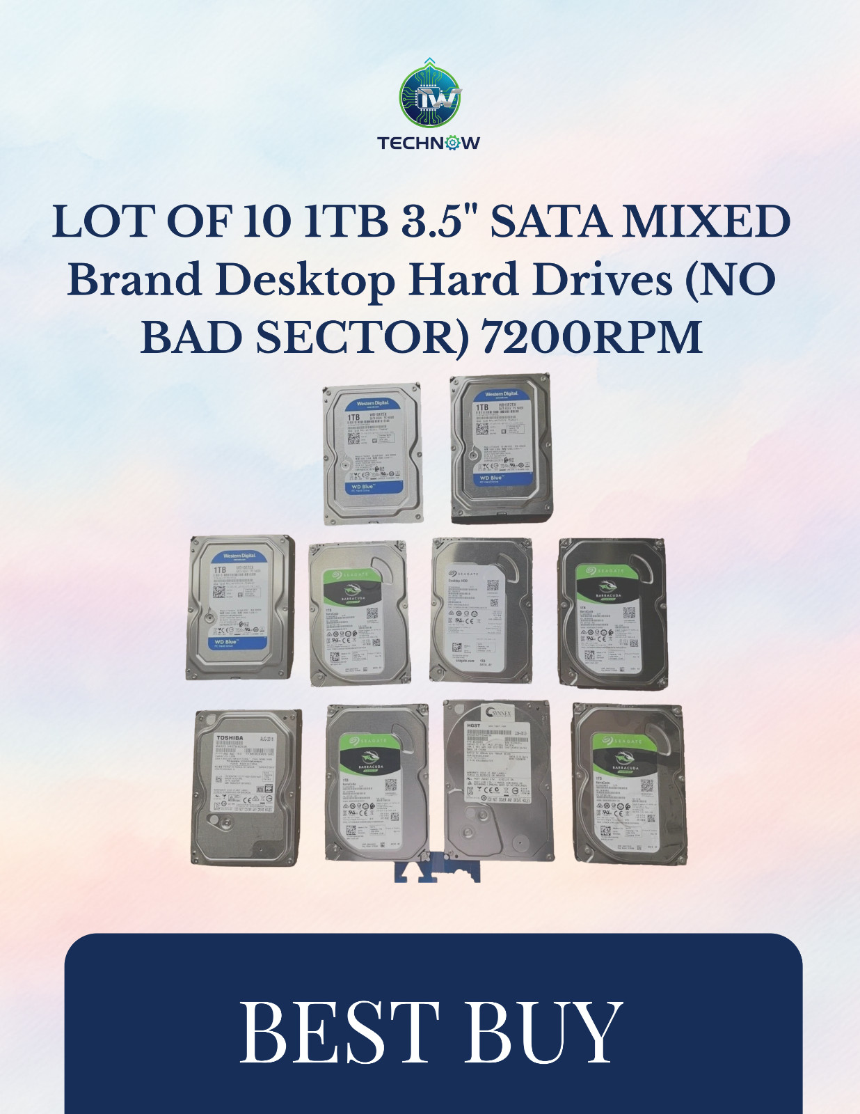 LOT OF 10 1TB 3.5" SATA MIXED Brand Desktop Hard Drives (NO BAD SECTOR) 7200RPM