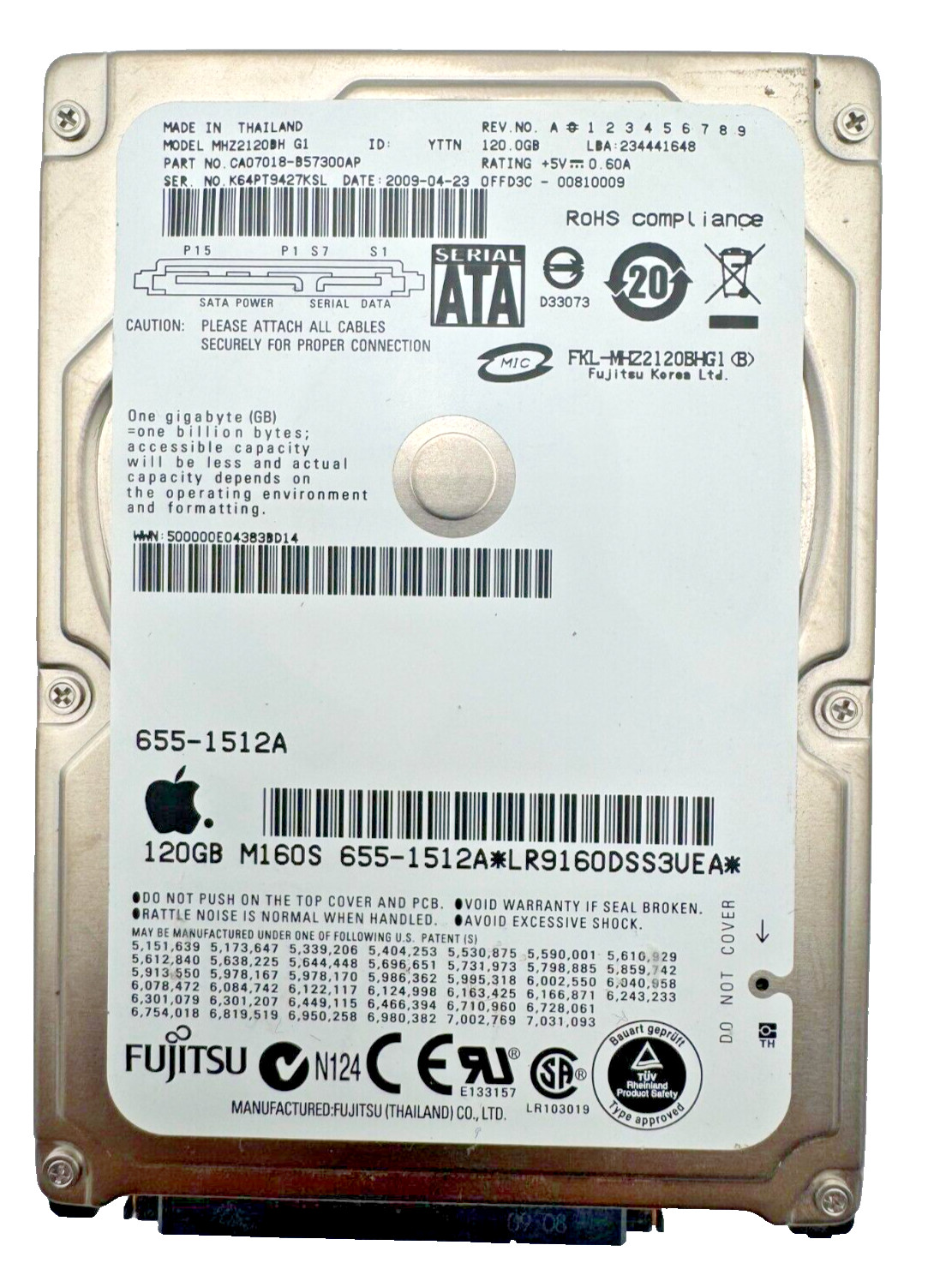 Fujitsu MHZ2120BH G1 CA07018-B57300AP 0FFD3A-00810009 Apple 655-1512A 120g Sata 