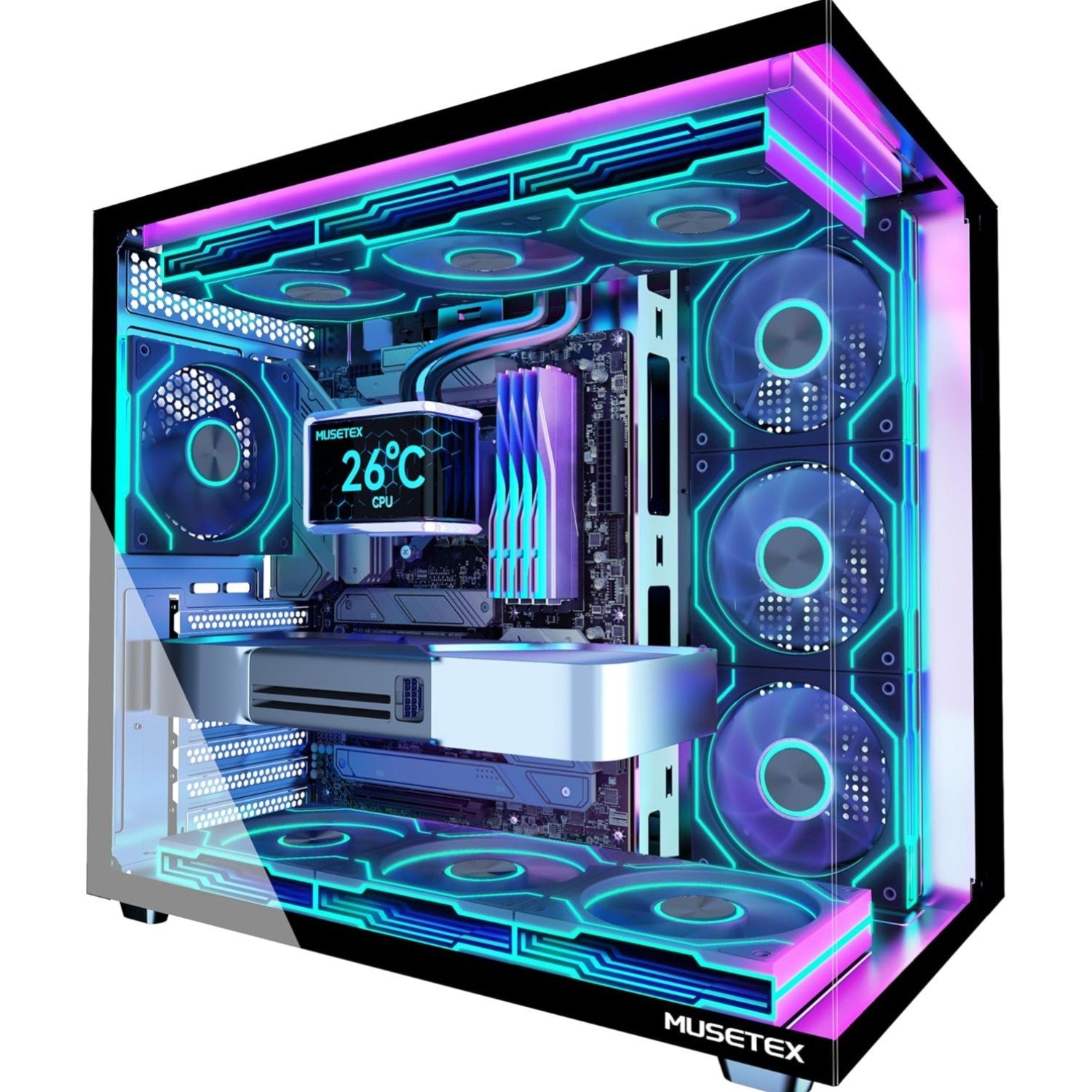 Musetex Y6 Atx Mid Tower Pc Case 7 Argb Fans Tempered Glass Black