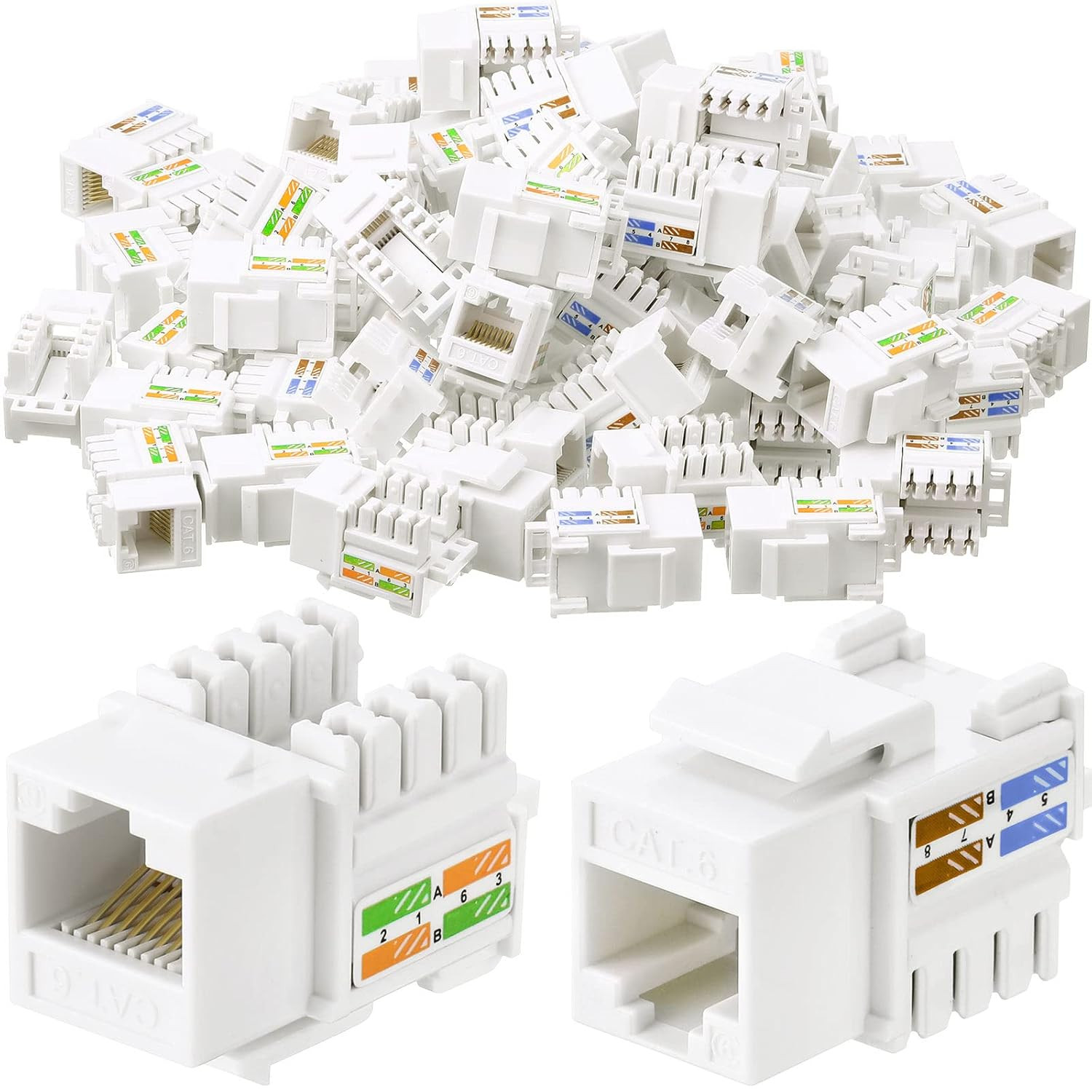 Cat6 Keystone Jacks, RJ45 Ethernet Punch Connectors, 100 Pcs, White