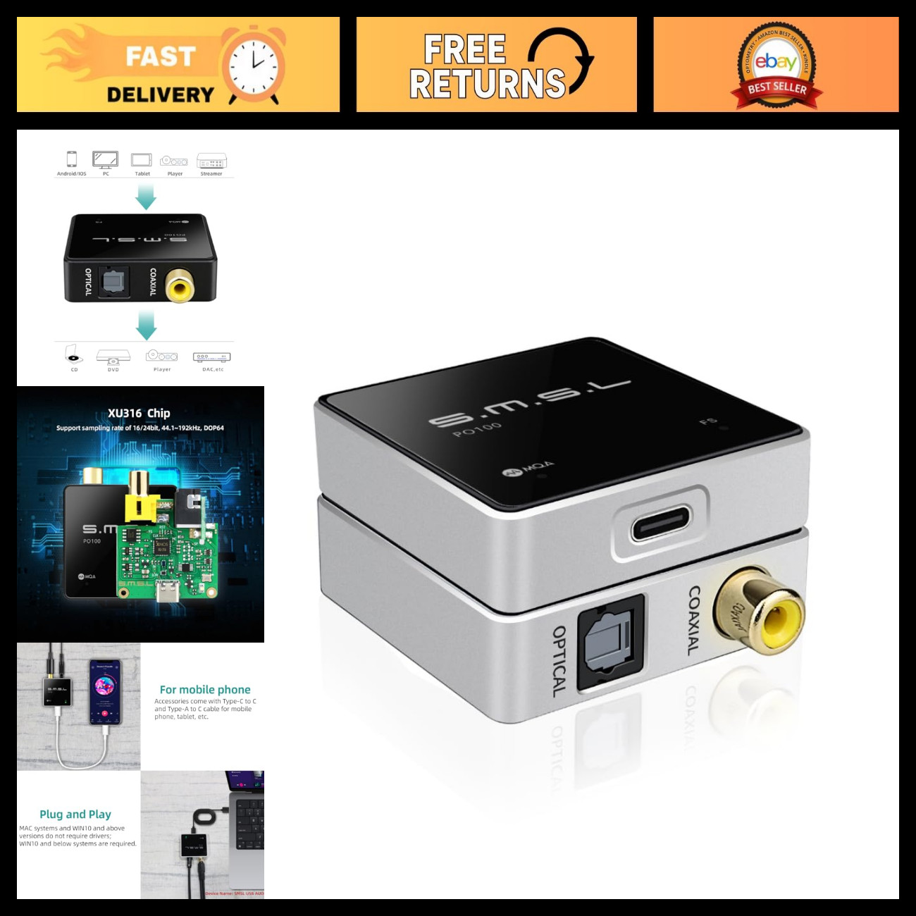 USB to Optical Audio Adapter 192kHz, Type-C SPDIF Coaxial Converter, Portable DA