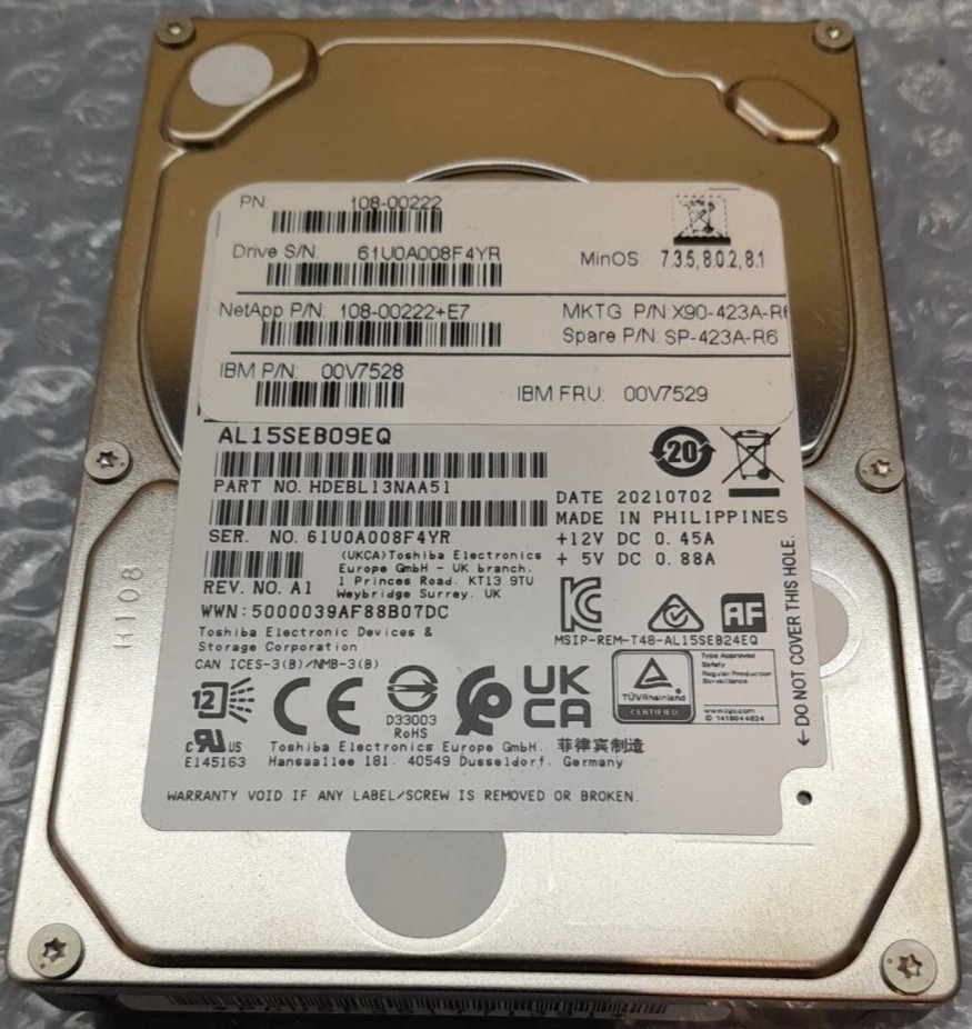 Toshiba Netapp 108-00222+E2 00V7528 AL15SEB09EQ 900GB 10K 2.5" SAS 12Gbps 12G