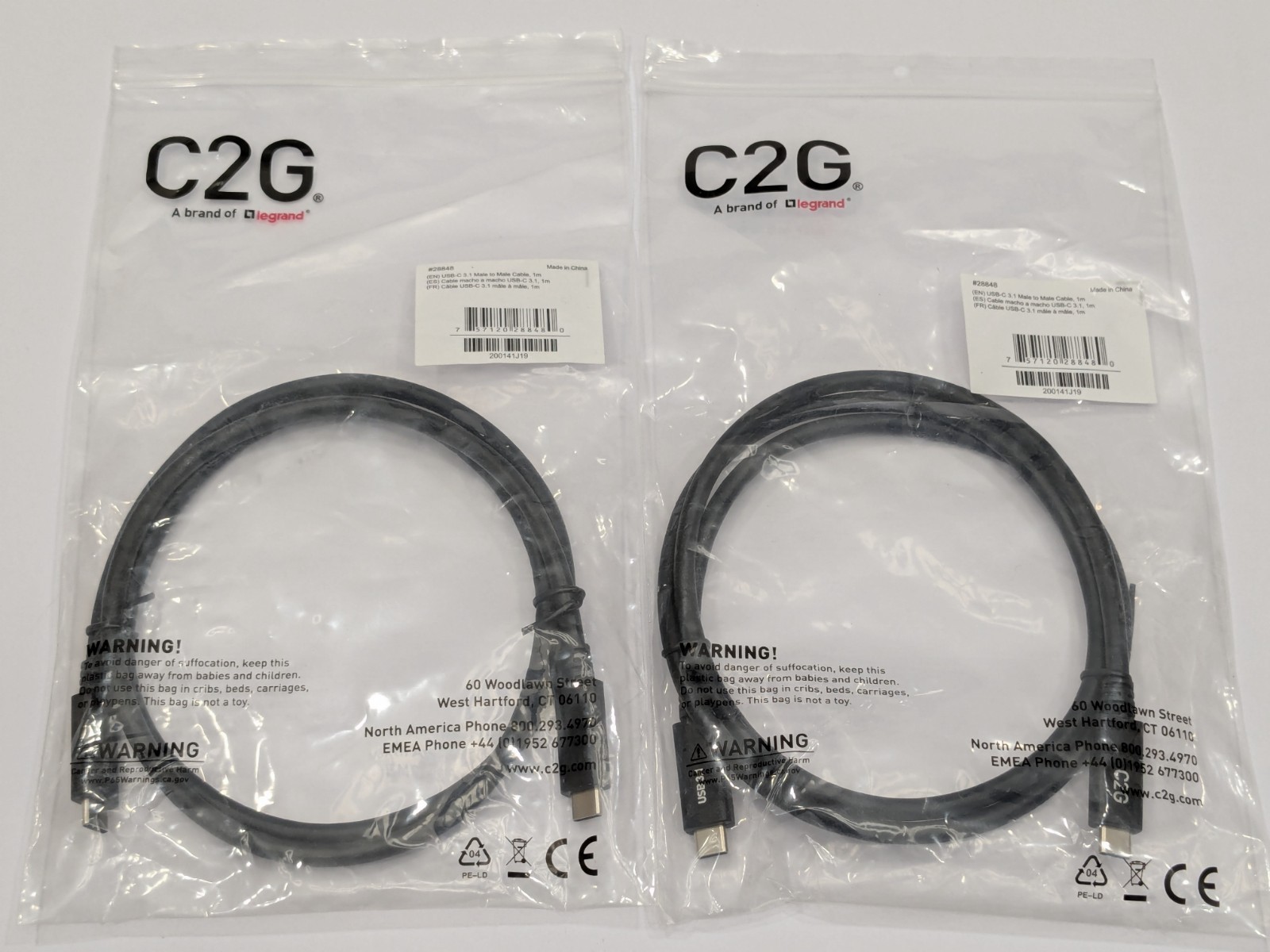 2 Pack - C2G Legrand (28848) USB-C 3.1 Male to Male Cable 1M (3.3ft) - New