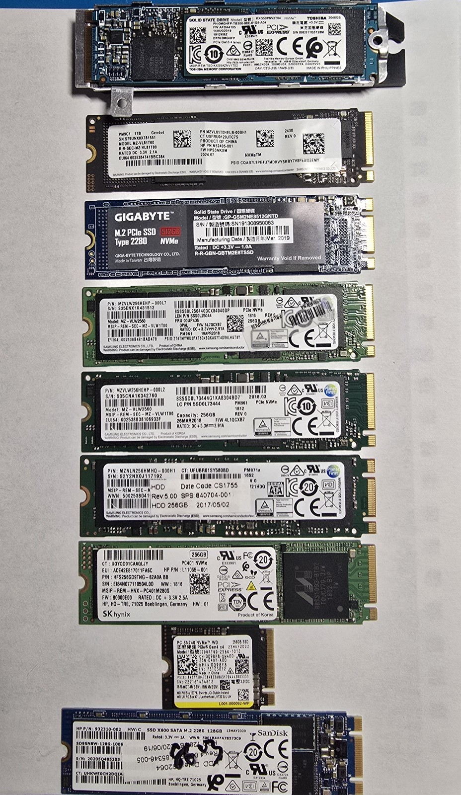 Lot of (9)  M.2 NVMe SATA SSDs 128GB-2TB 