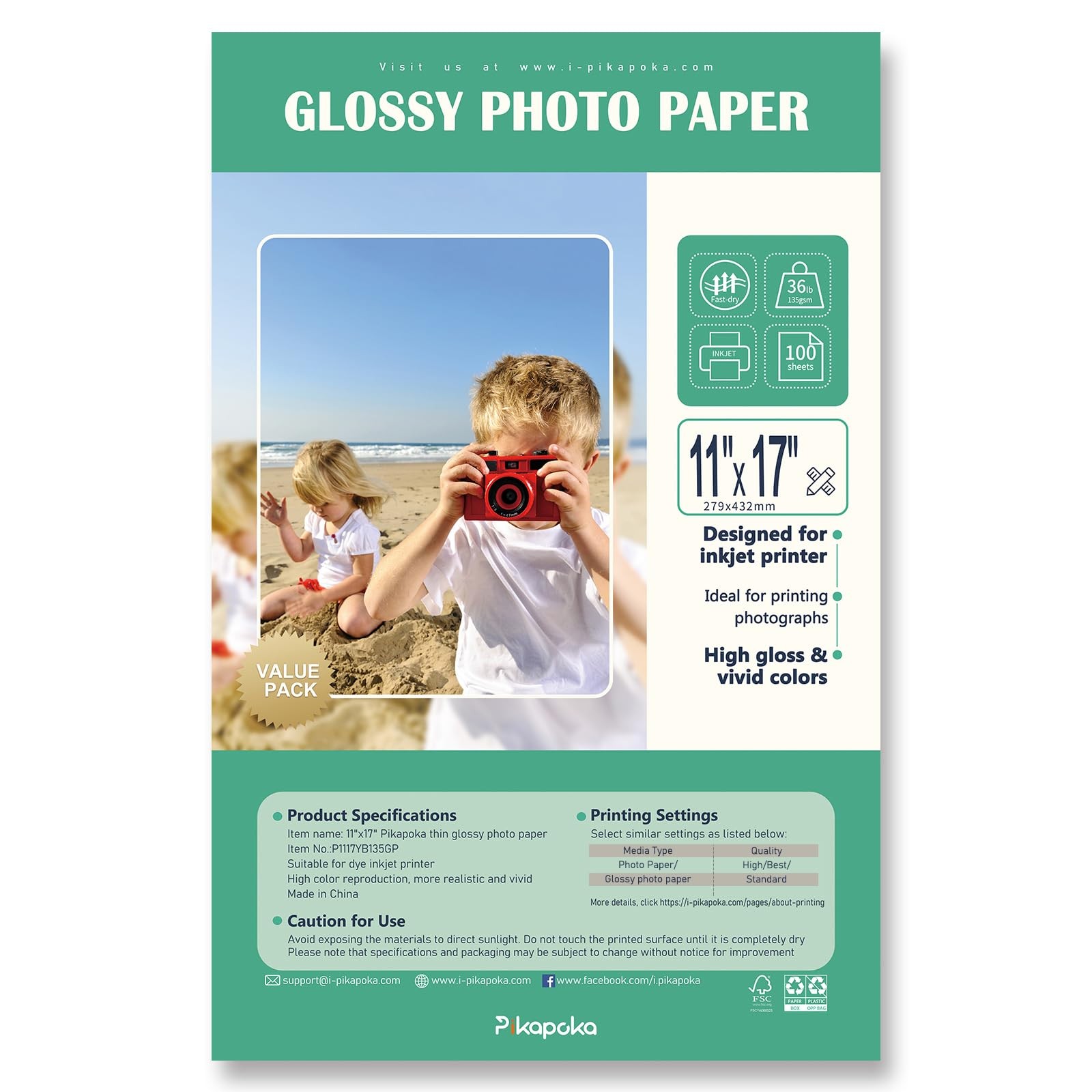 100 PCS Glossy Photo Paper 11x17 Inch Inkjet Printers 36lb Tabloid Size