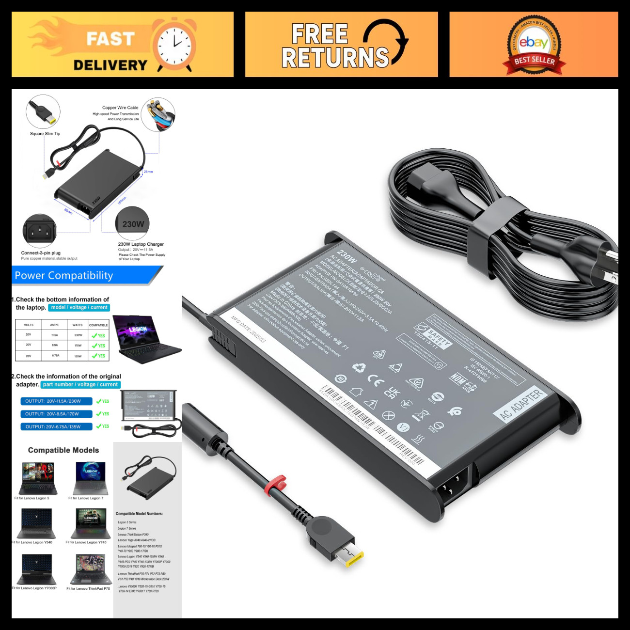 230W 20V 11.5A AC Power Adapter Charger for Lenovo Legion ThinkPad Laptops