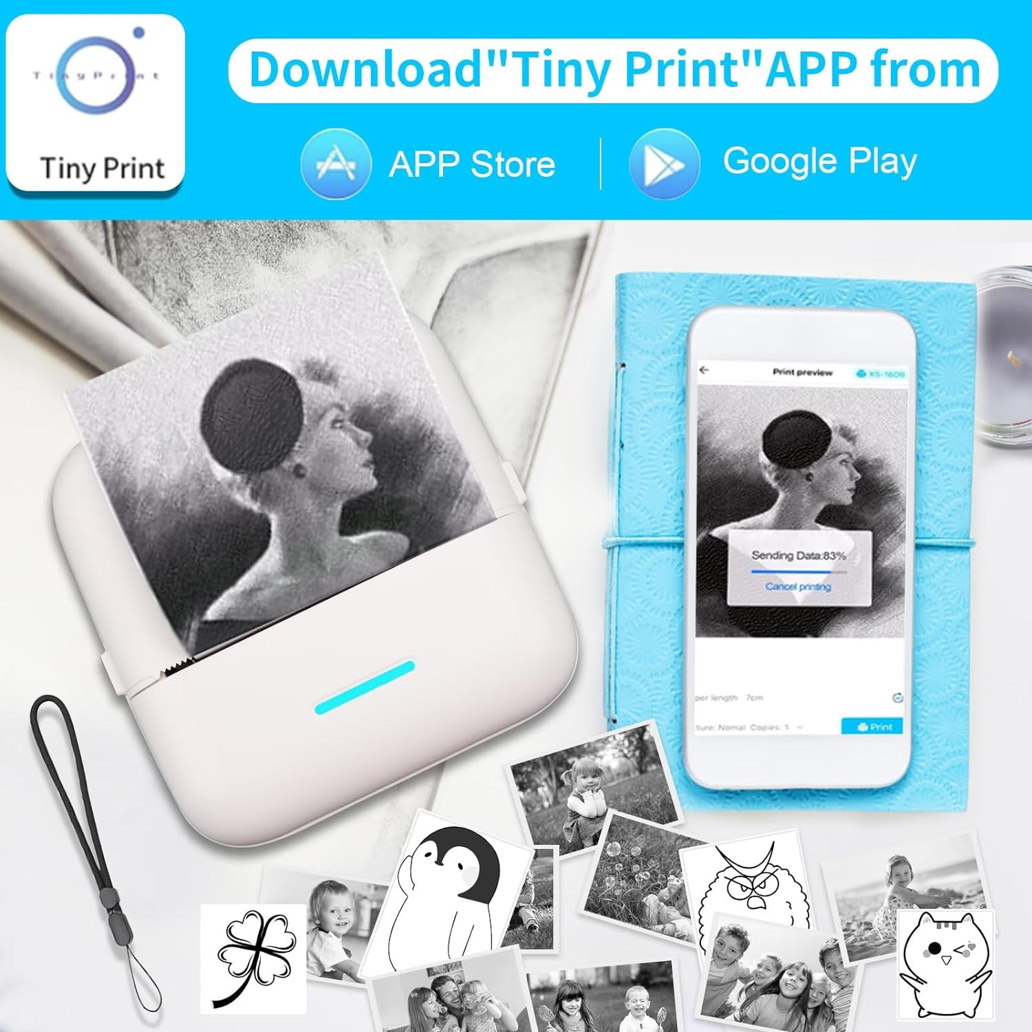 White - HuiJuKeJi Mini Sticker Printer Bluetooth Smart Pocket Inkless Thermal