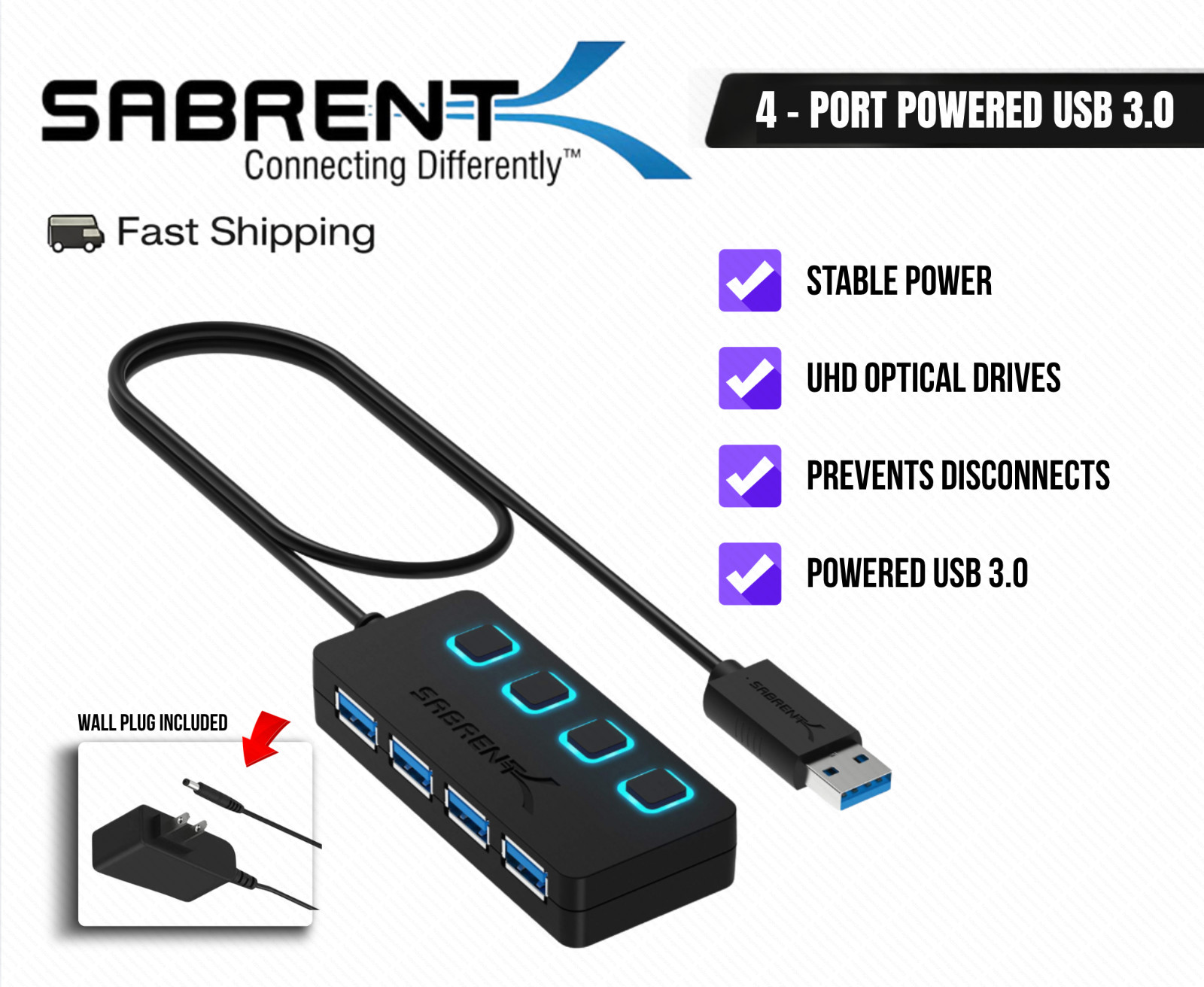 Powered USB Hub 4 Port USB 3.0 for 4K UHD Drives Writer Reduce Errors Stable