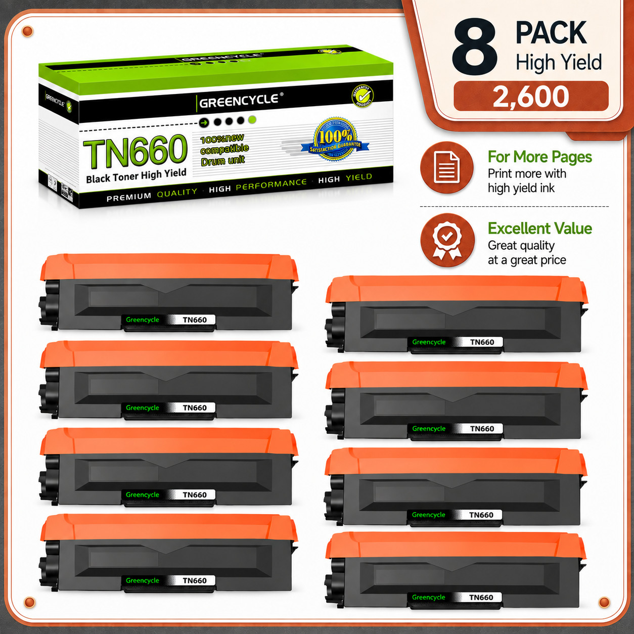 8PK HY TN660 Toner Cartridge For Brother MFC-L2700DW HL-L2300D DCP-L2540DW TN630