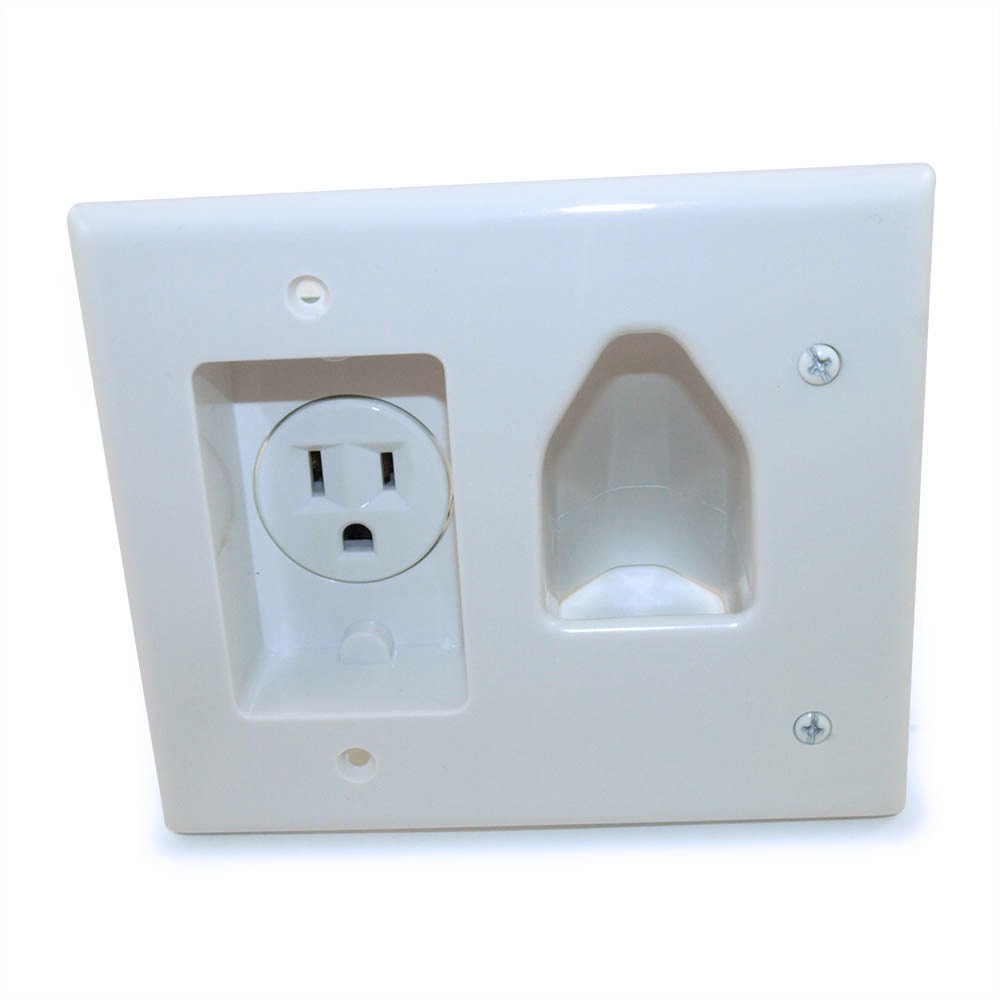 Wallplate: Cable Pass-thru Media Plate with 110v Recessed  White