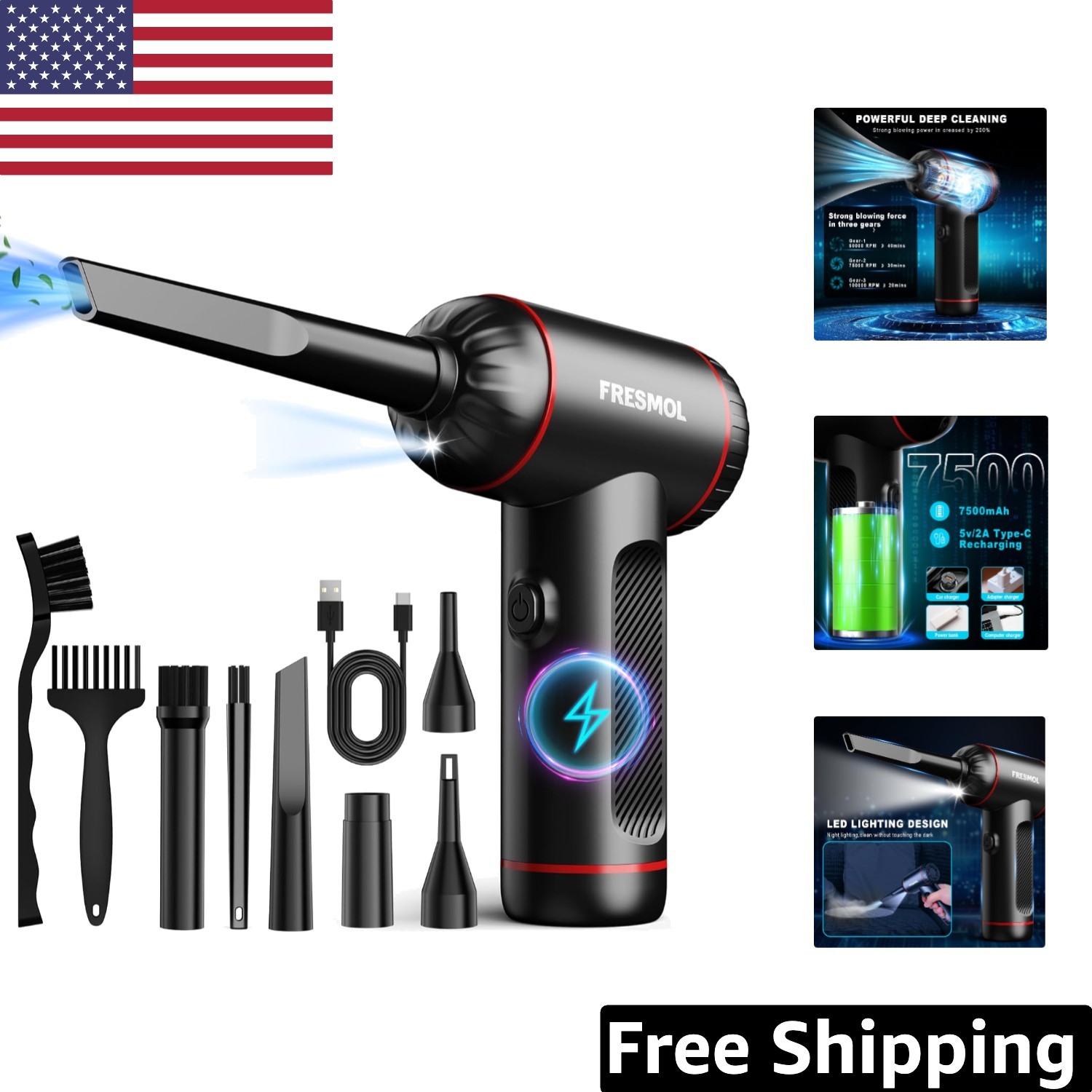 Eco-Friendly Electric Air Duster with 3 Adjustable Speeds & 5 Versatile Nozzles
