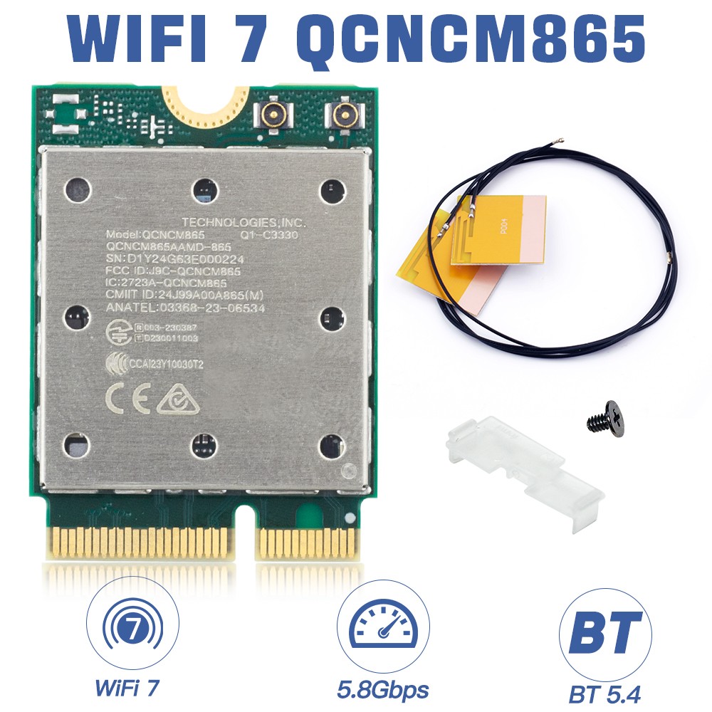 WiFi 7 QCNCM865 M.2 2230 Network Card BT5.4 Tri‑Band 5.8Gbps with Antennas Win11