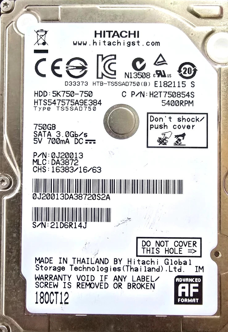 Hitachi Travelstar 750GB 2.5" SATA II HDD HTS547575A9E384