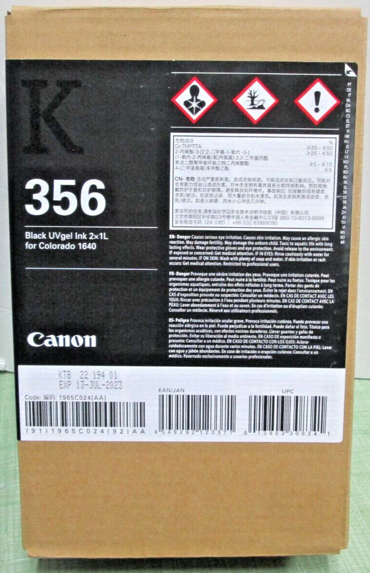 New Sealed  OCE 356 UVgel Ink 1965C024, Black for Oce Colorado 1640 2 x 1 litter