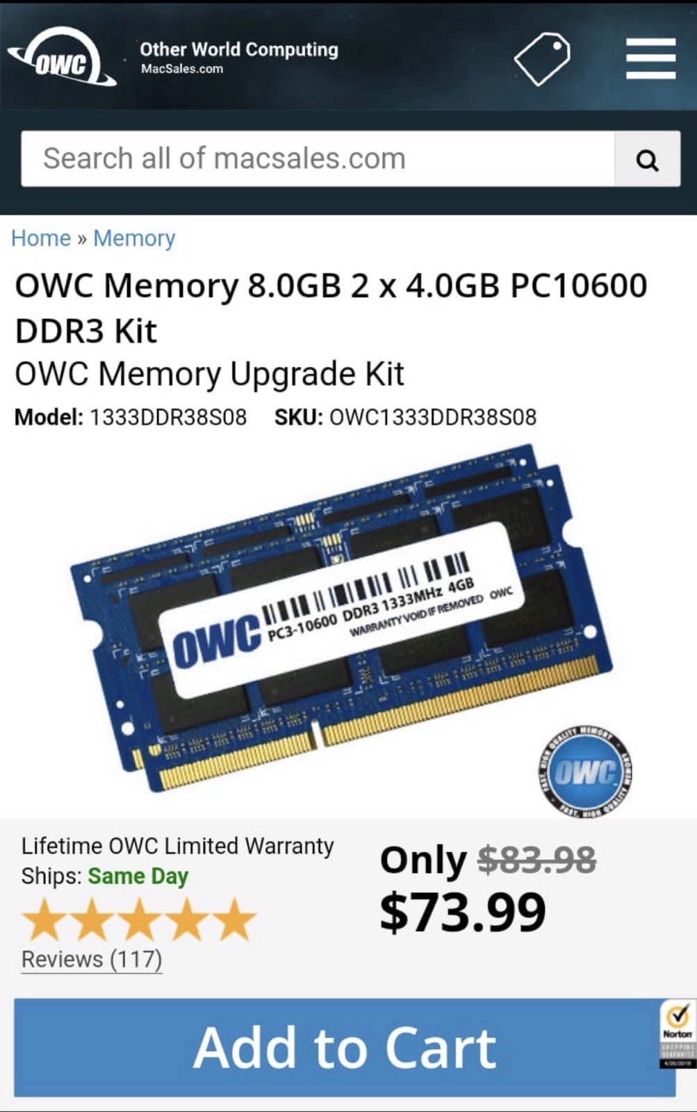 OWC Memory 8.0GB 2 x 4.0GB PC10600 DDR3 KitOWC Memory Upgrade Kit