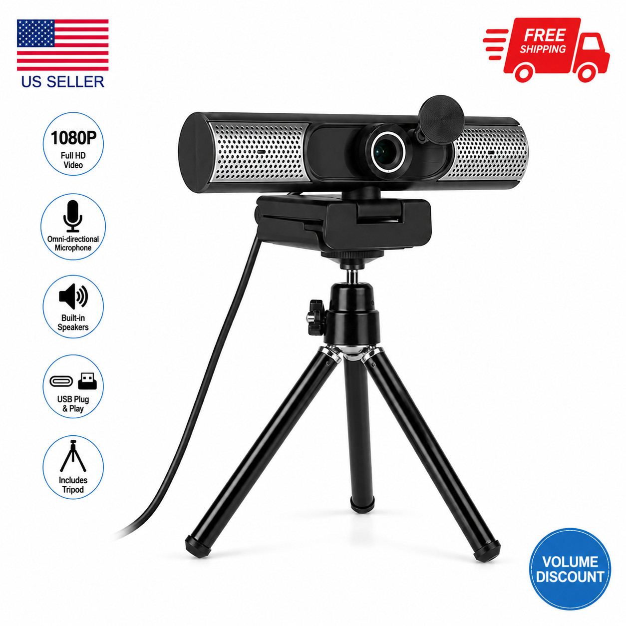 USB Webcam 1080P Full HD with Microphone Speakers Tripod PC Laptop AWCS06F