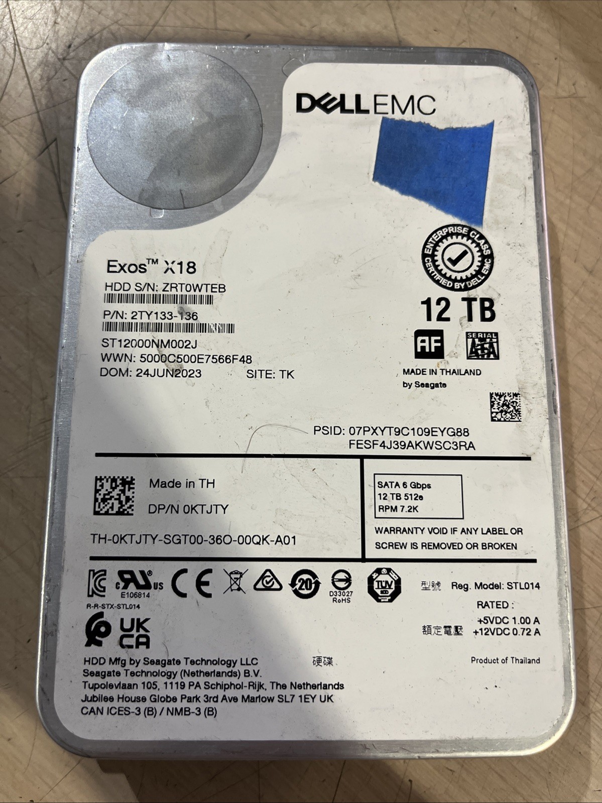 DELL/SEAGATE EXOS X18 12TB ST12000NM002J 7.2K RPM SATA 6GB/s 3.5" ENTERPRISE HDD