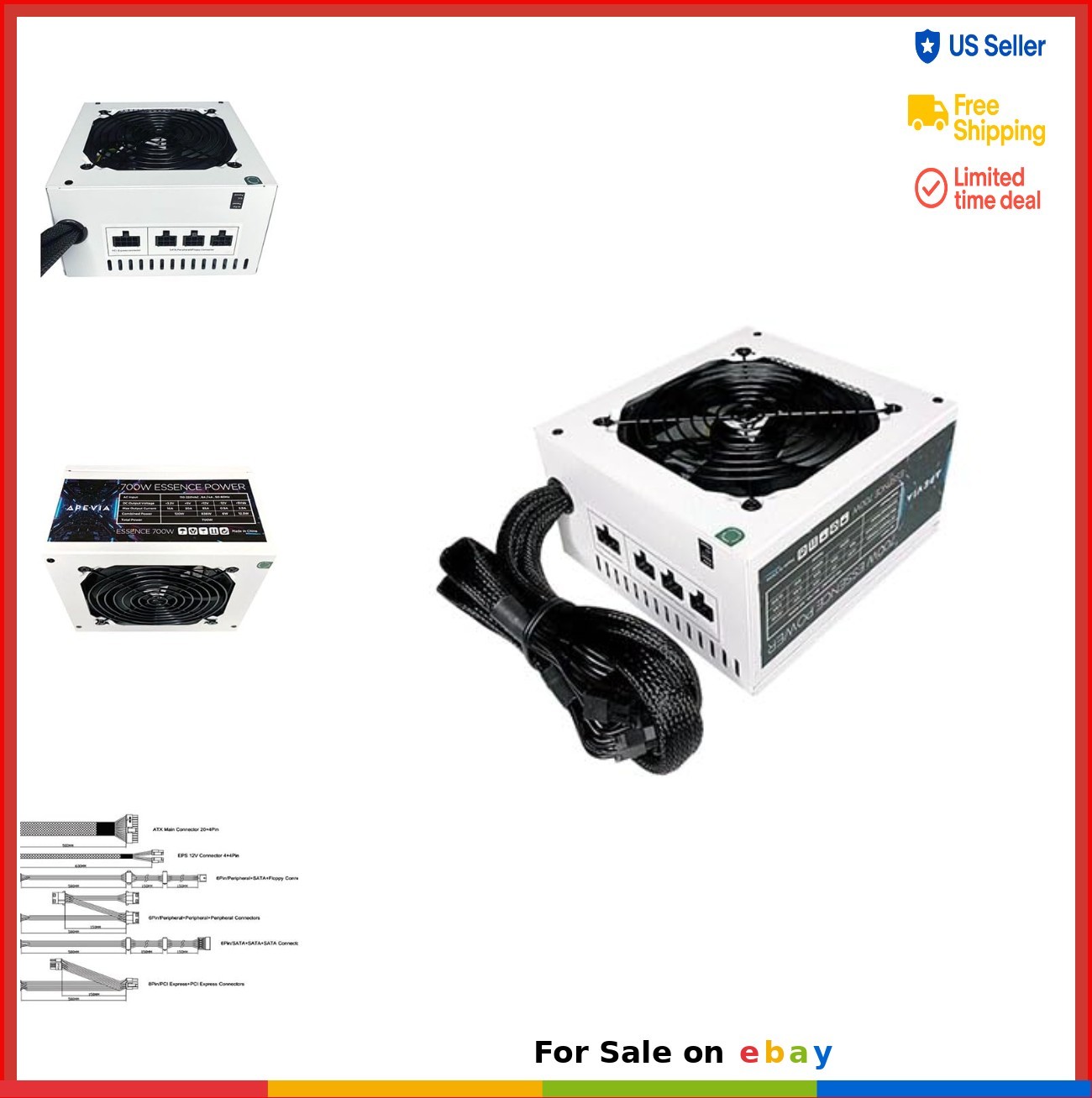 Power Supply 700W ATX Semi Modular White 120mm Fan PCIe SATA CPU Gaming Desktop