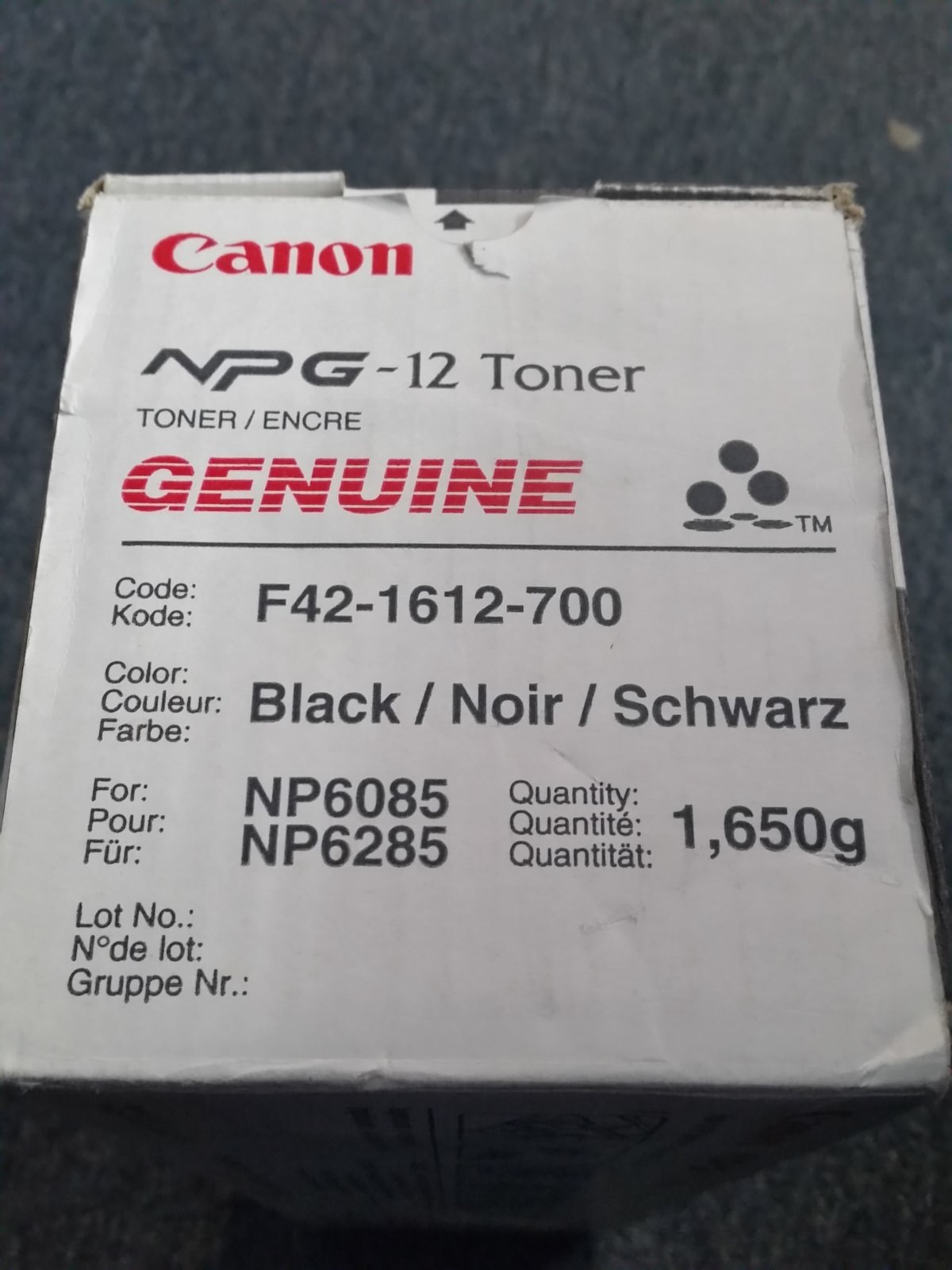 Genuine Canon NPG-12 Toner Cartridge, Black For: Canon NP6085 NP6285 