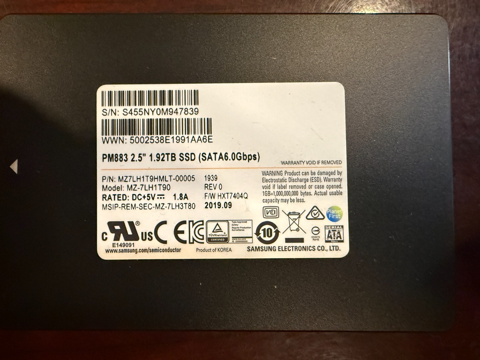 Samsung 1.92TB PM883 SSD 2.5" SATA MZ7LM1T9HMLT-00005 98%+ Health