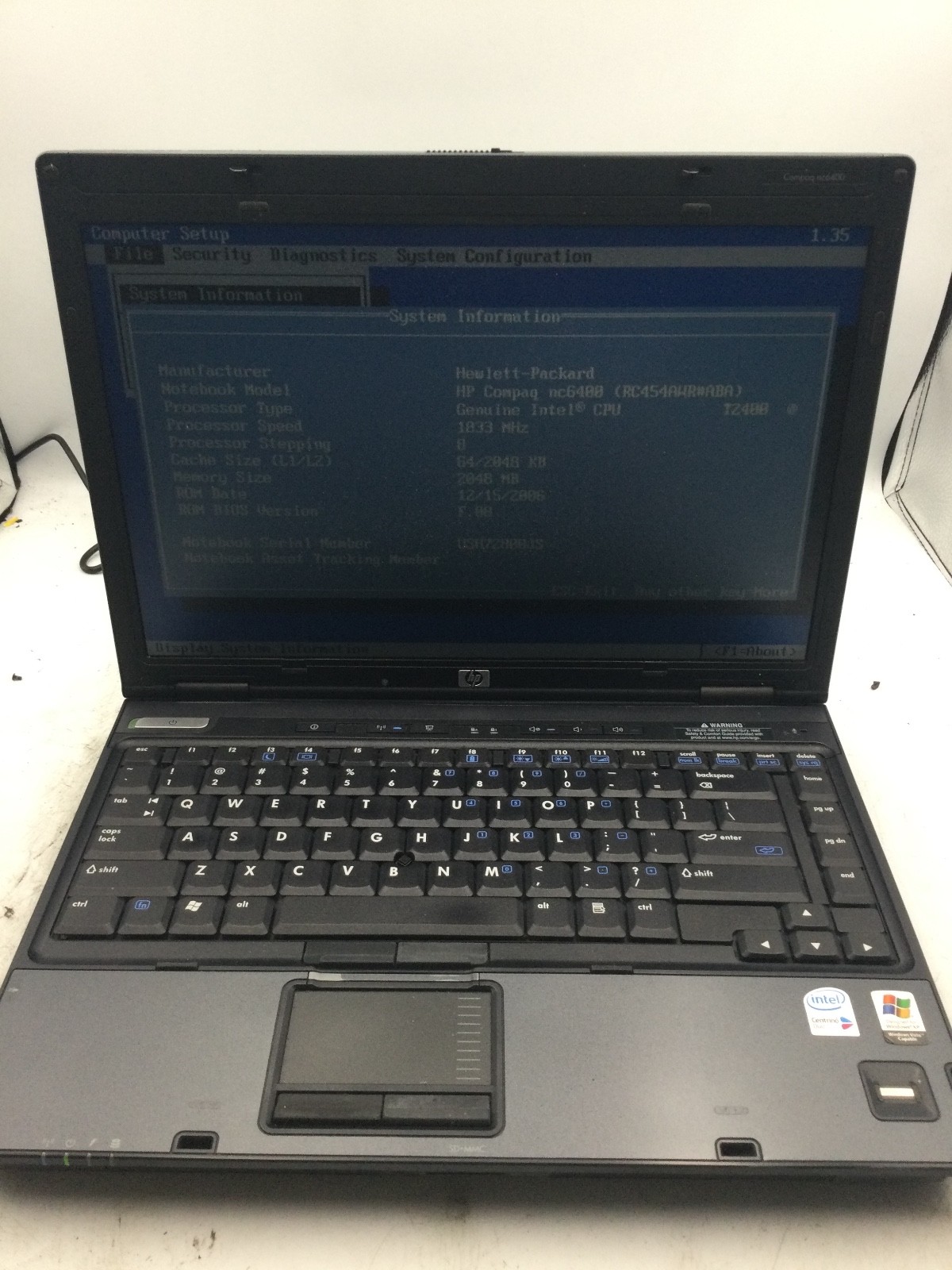 HP COMPAQ NC6400 - BOOTS TO BIOS - INTEL T2400 - NO RAM - READ DESCRIPTION - BB