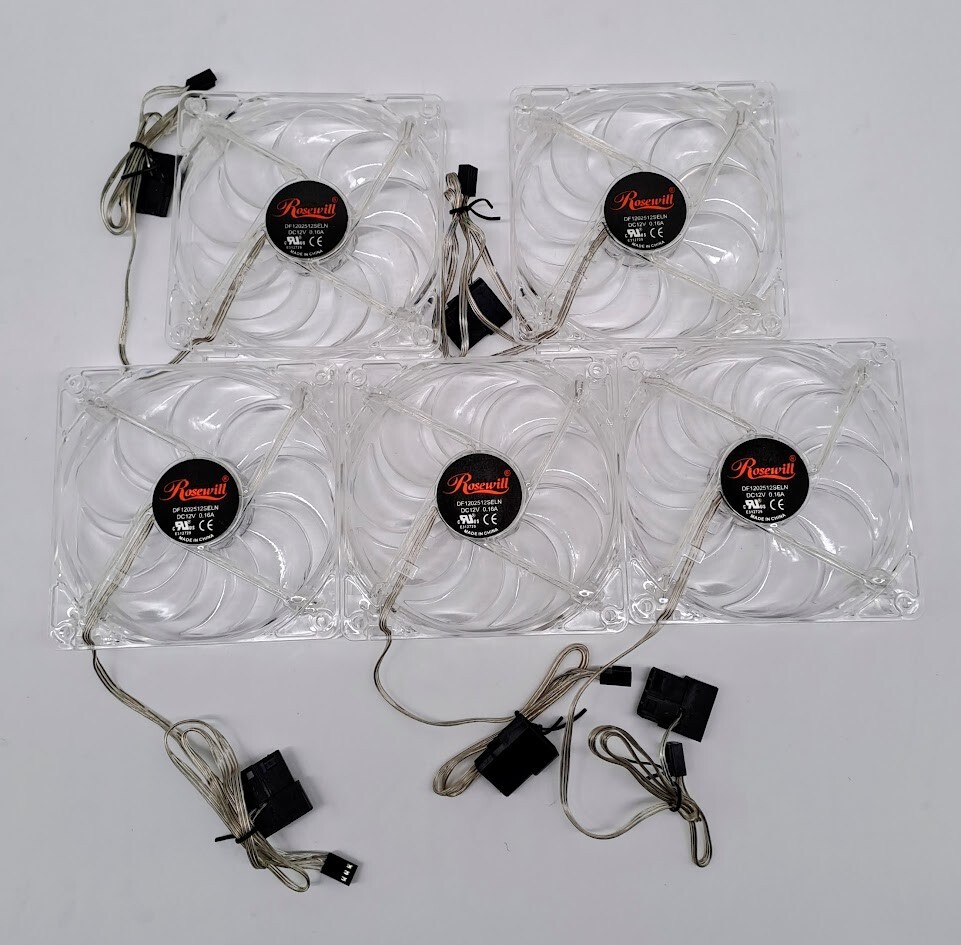 Lot of 5 Rosewill 120mm Case Fans, DF1202512SELN, 12V 0.16ATRANSPARENCE