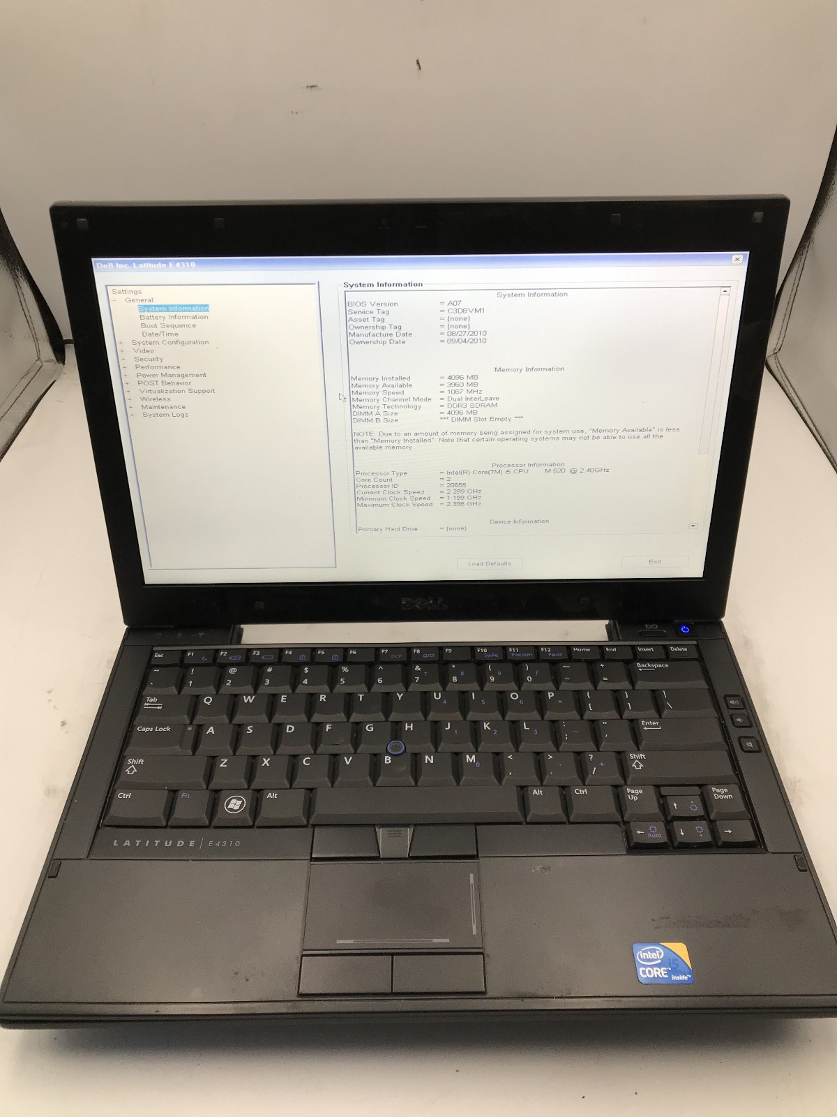 DELL LATITUDE E4310 - BOOTS TO BIOS - INTEL I5 M520 - NO RAM - NO OS - READ - BB