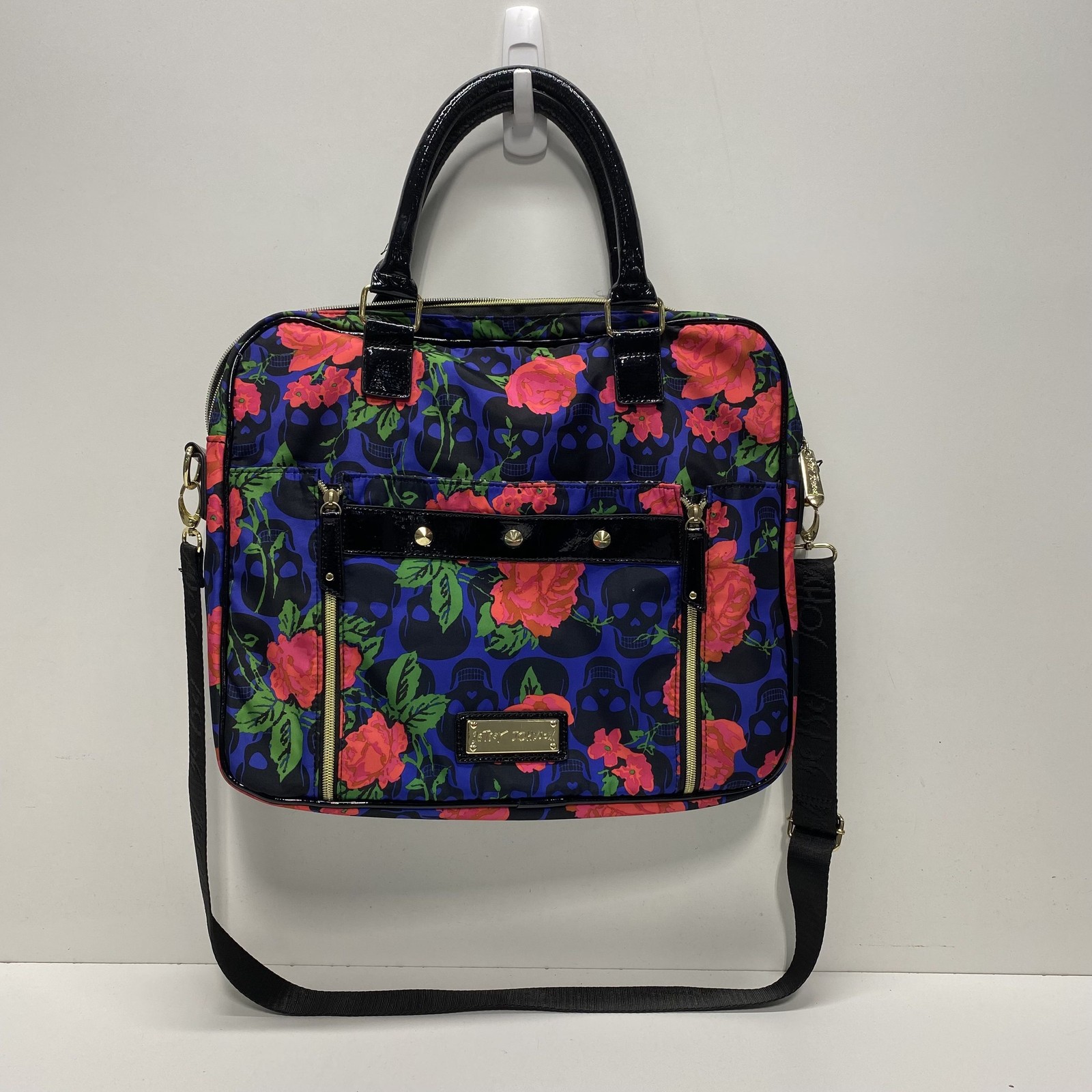 Betsey Johnson Blue Skull Rose Floral Laptop Bag Crossbody Satchel Patent Trim
